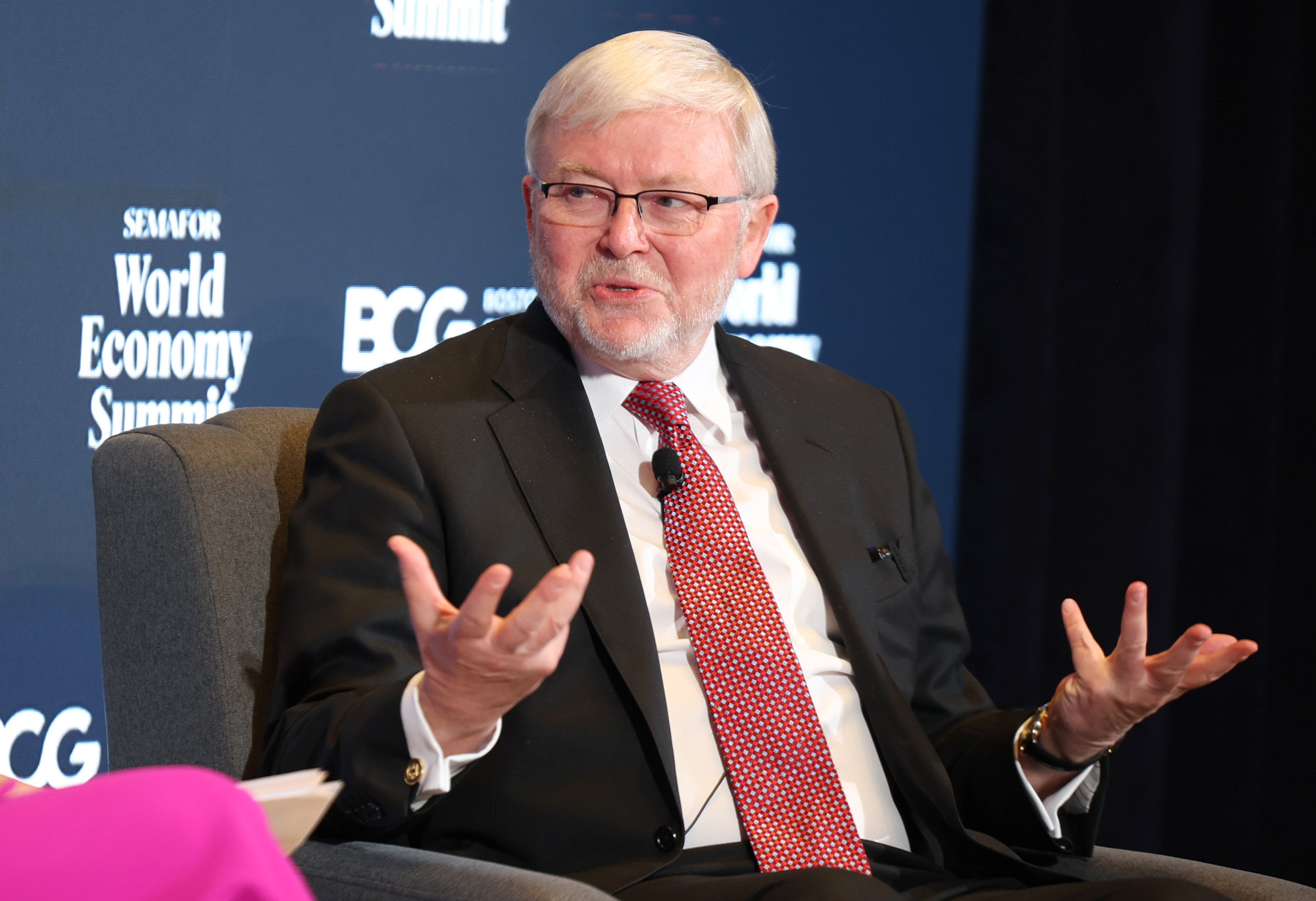 Asia Society President Kevin Rudd has highlighted the all-encompassing strategic battle between the US and China globally. Photo: Getty Images for Semafor/TNS