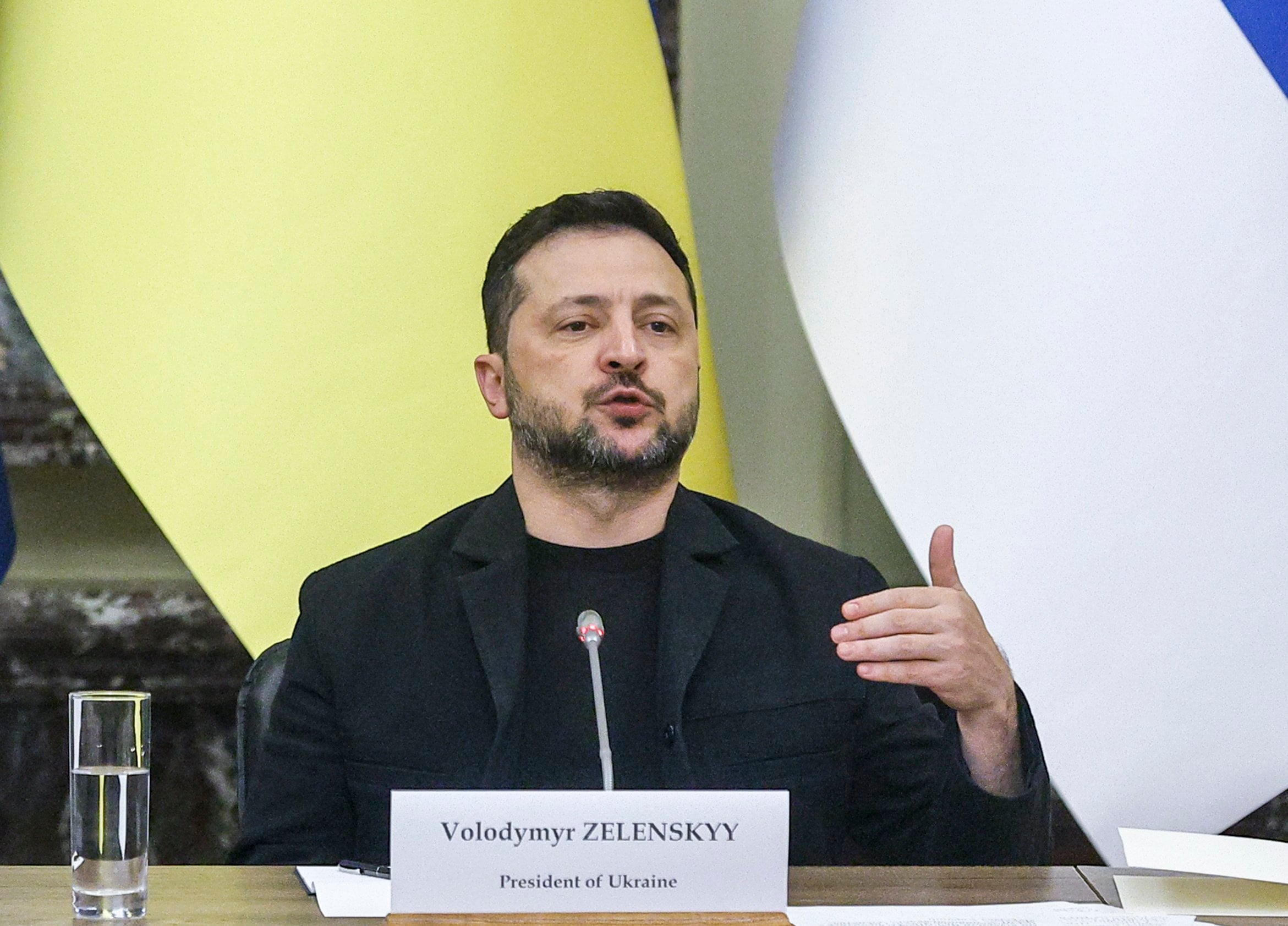 Ukrainian President Volodymyr Zelensky speaks during a press conference at the Mariinskyi Palace in Kyiv on Thursday.  Photo: EPA