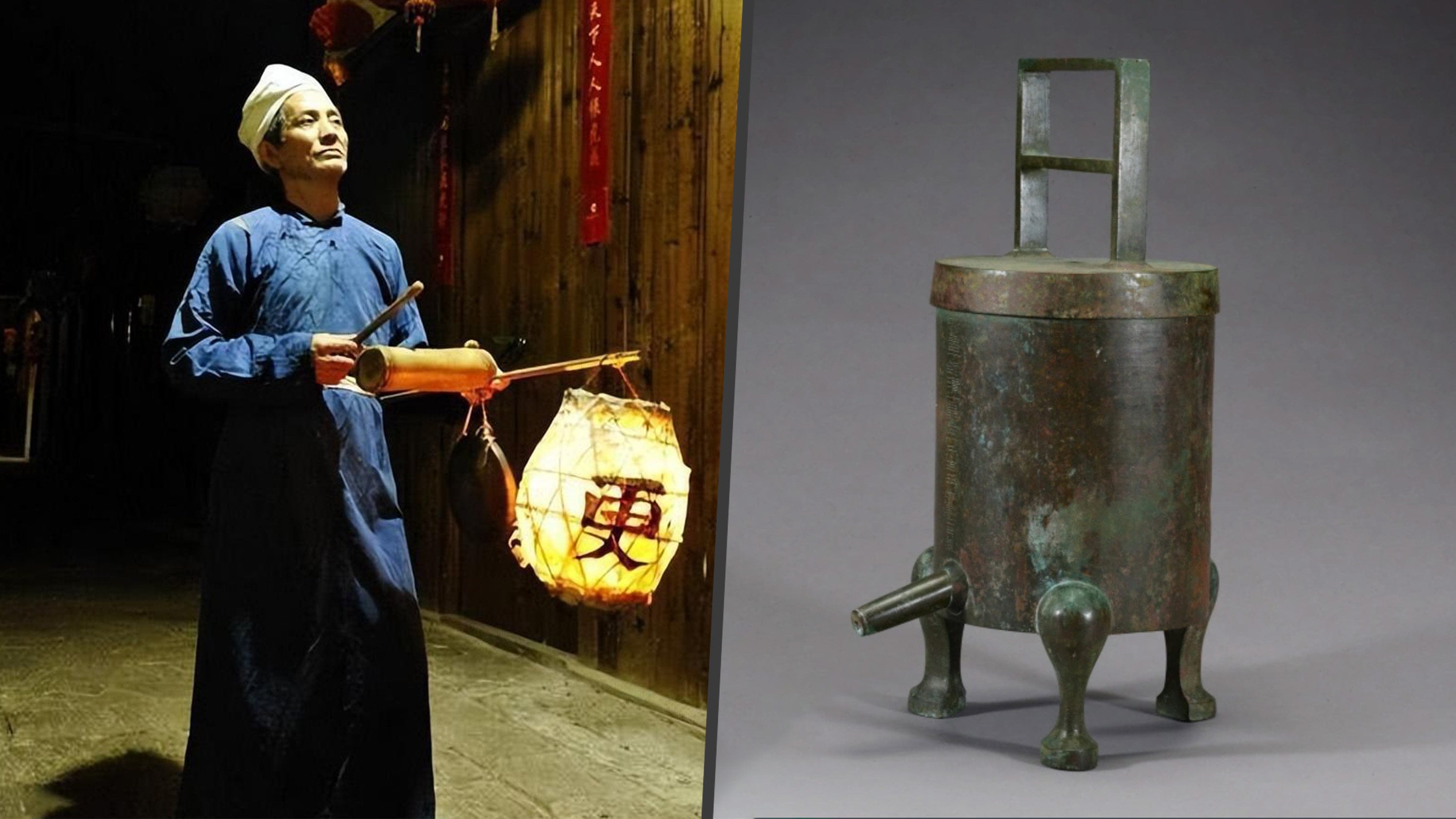 To keep the peace and track the hours, ancient Chinese night watchmen patrolled the streets using the dripping water clock system shown above. Photo: SCMP composite/Sohu/Baidu