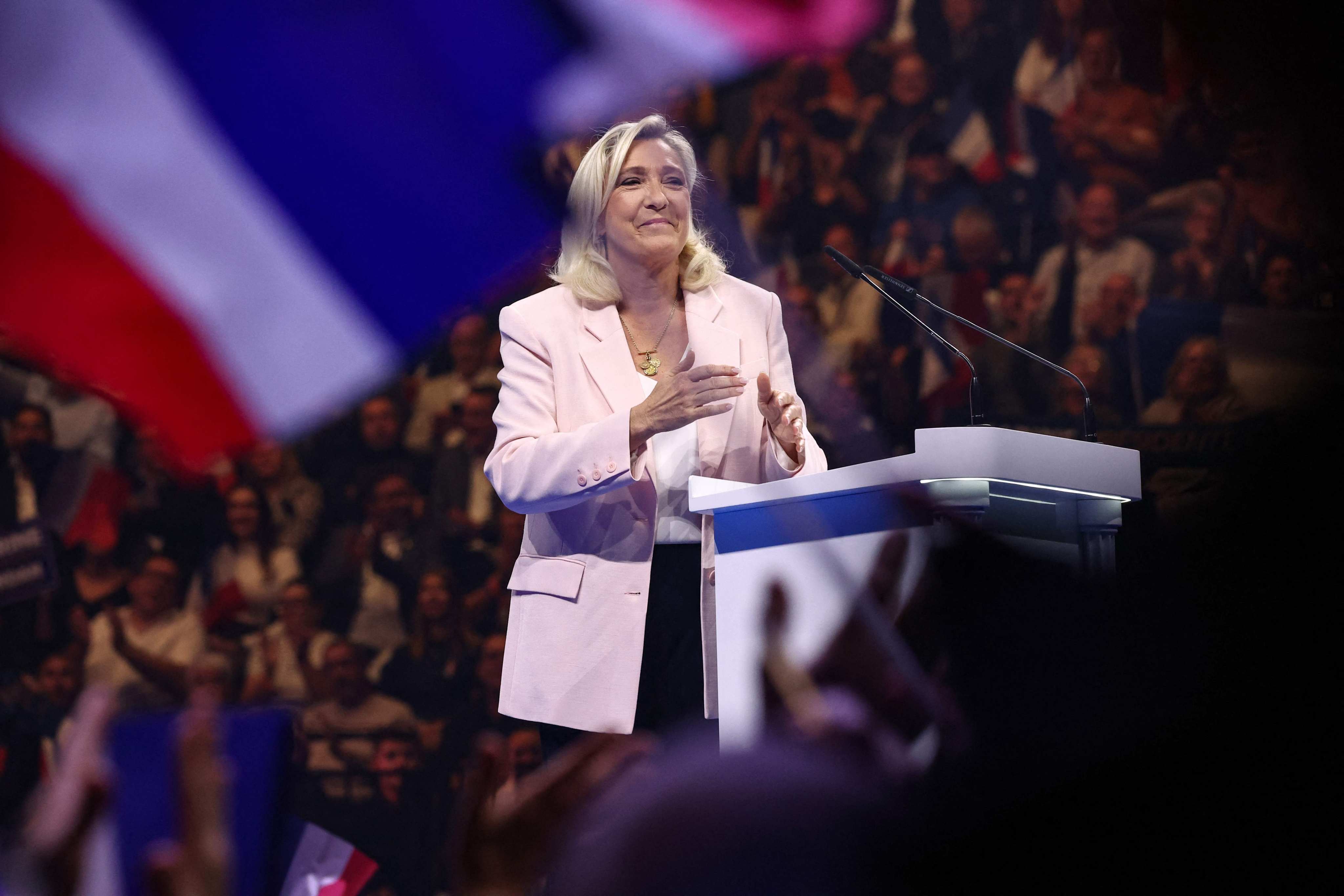 Marine Le Pen delivers a speech during her campaign kick-off rally. Photo: AFP