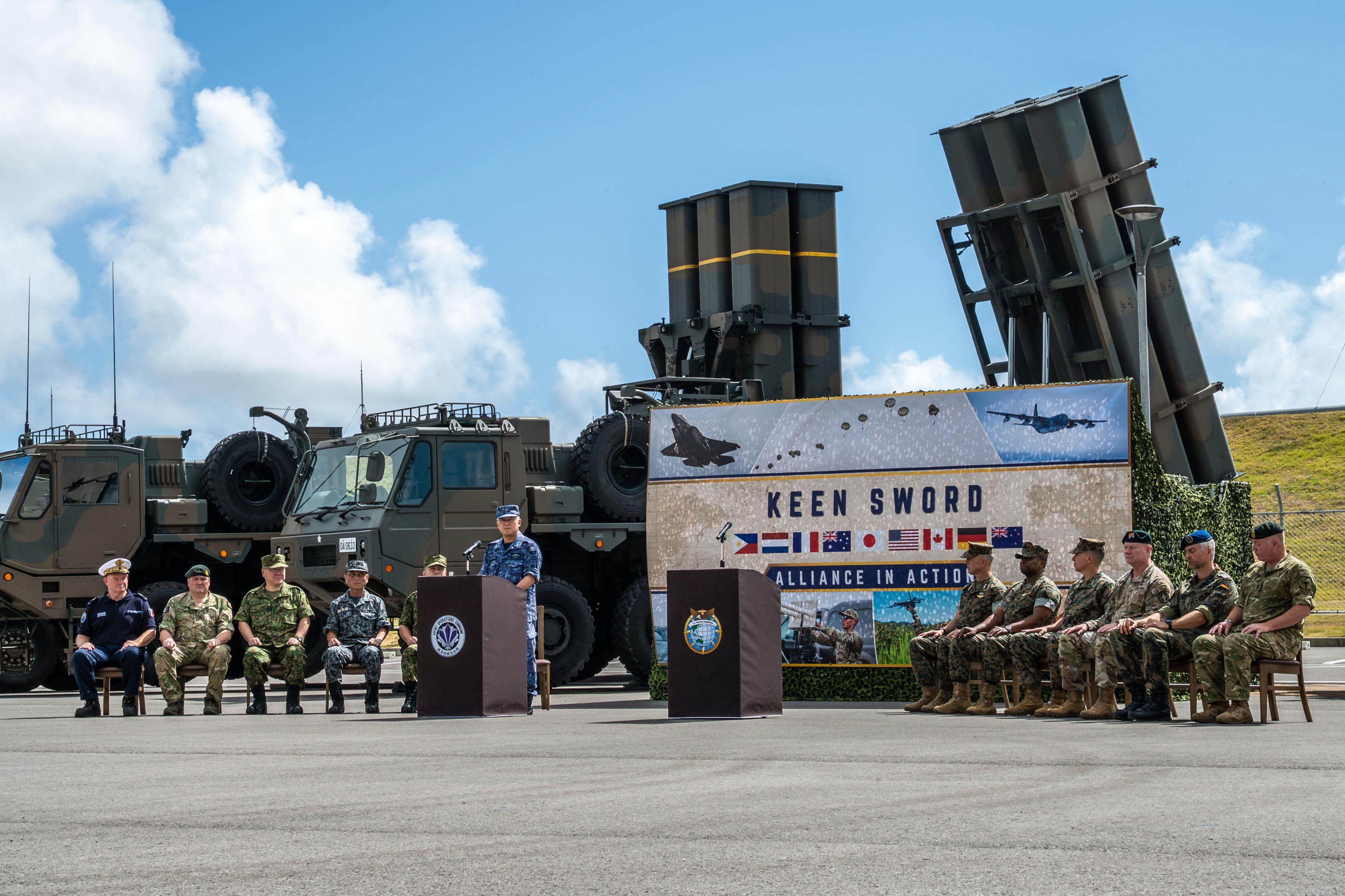 Keen Sword 27 is officially opened on October at the Japanese Ground Self-Defence Force Camp Ishigaki in Okinawa prefecture. Photo: Kyodo
