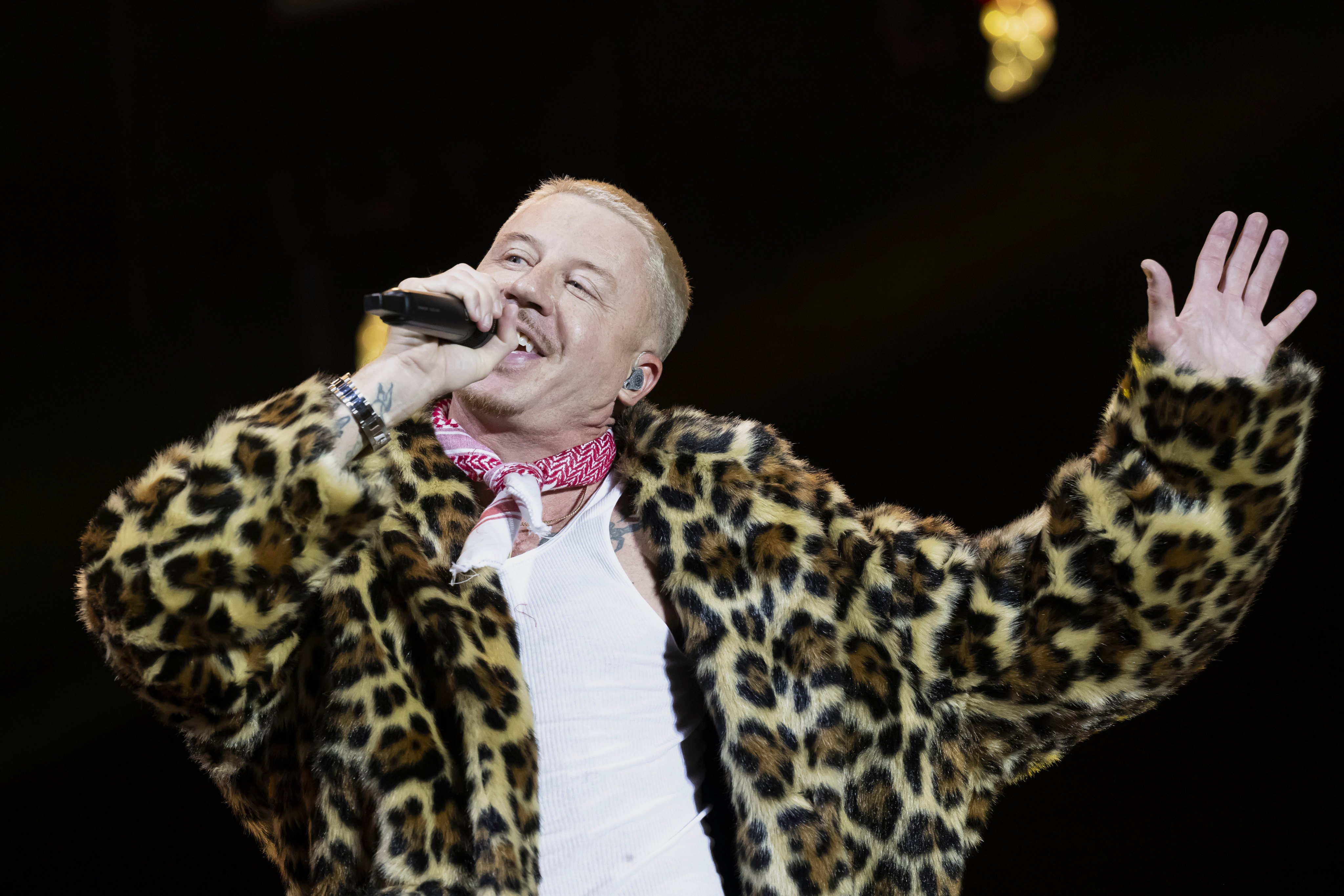 Macklemore on stage in Bern, Switzerland last year. The US rapper launched his Free Palestine Tour in Ireland on Monday.  Photo: Keystone via AP