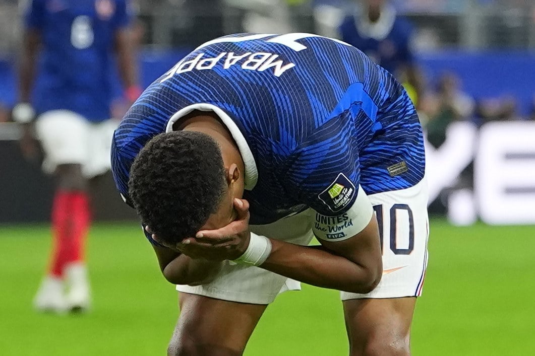 France’s Kylian Mbappe reacts during the World Cup semifinal match against Spain in Arlington, Texas, in July. Photo: AP