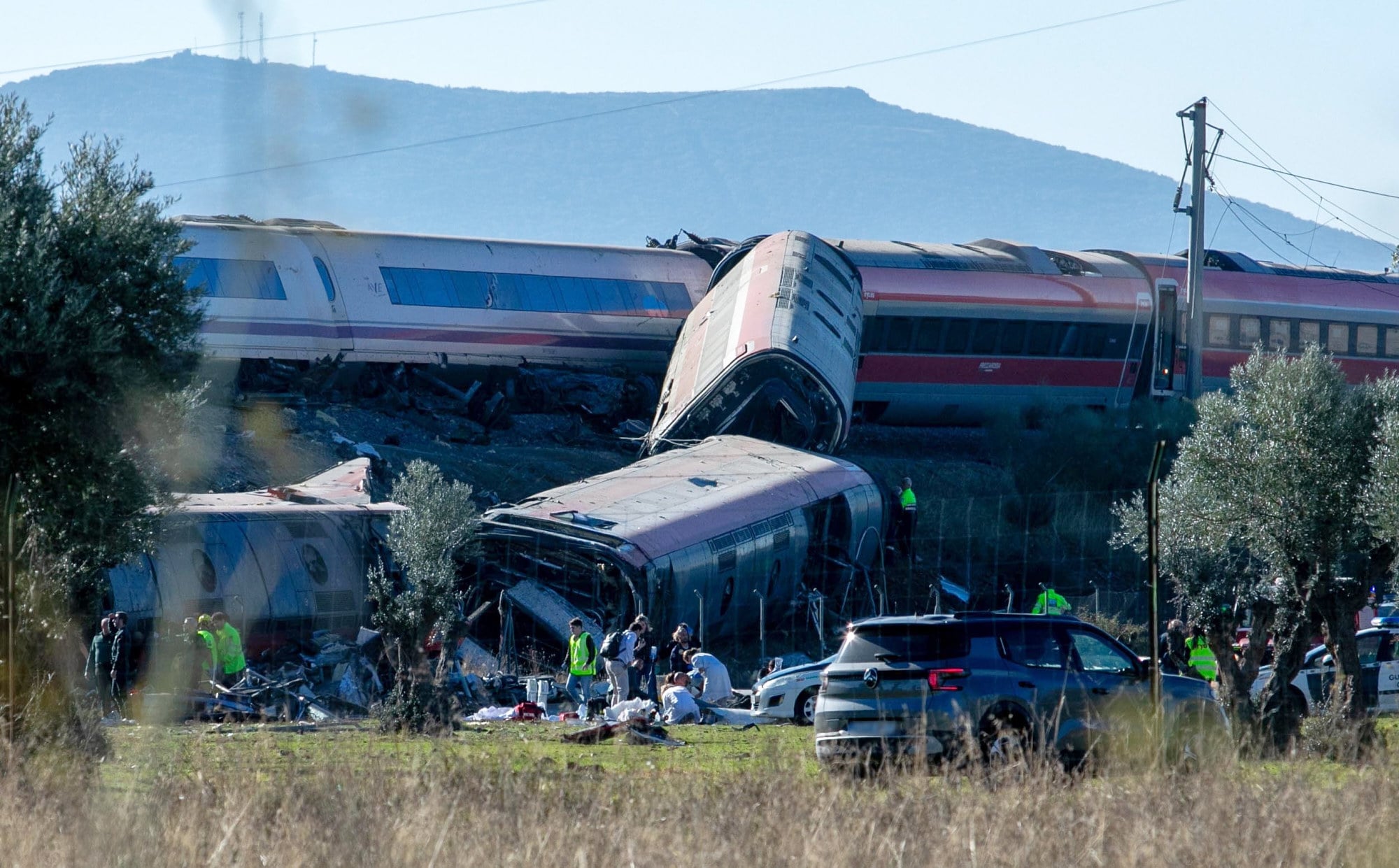 Emergency services at the scene of the collision between two trains in Urda, Spain. Photo: Europa Press via AP