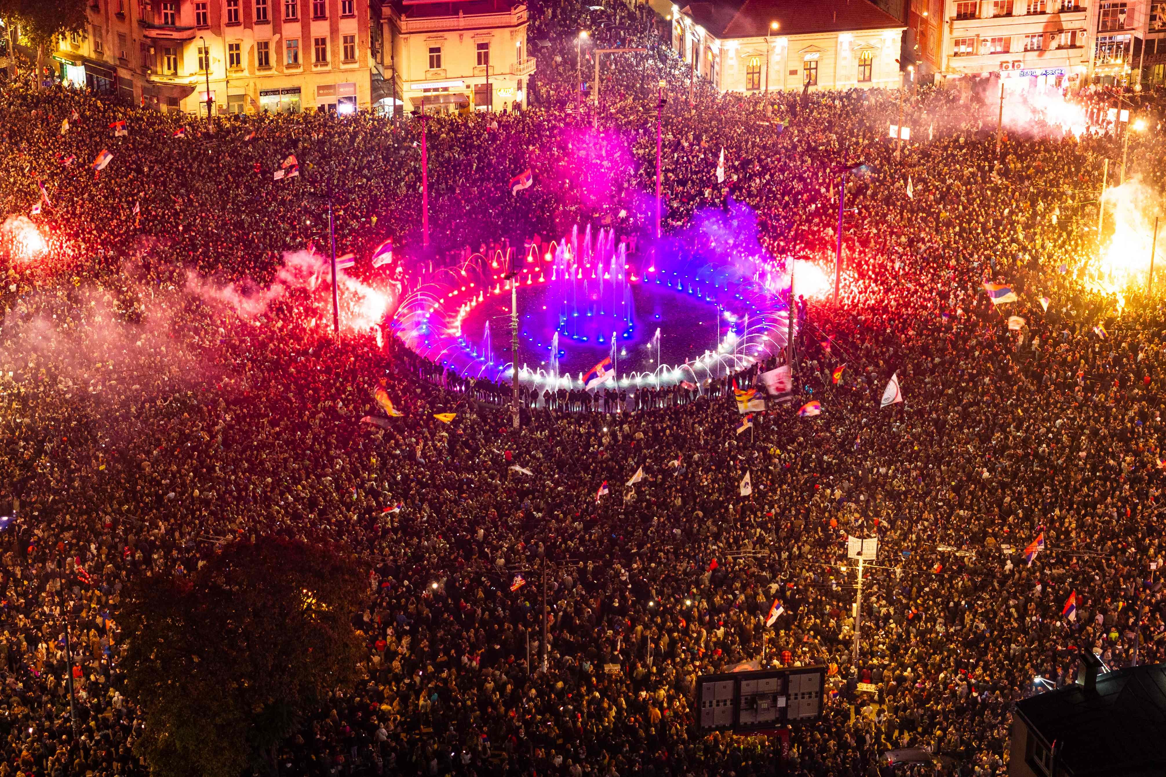 Supporters of Student List gather in Belgrade’s Slavija Square to celebrate their victory in Serbia’s snap parliamentary elections on Sunday. Photo: AFP