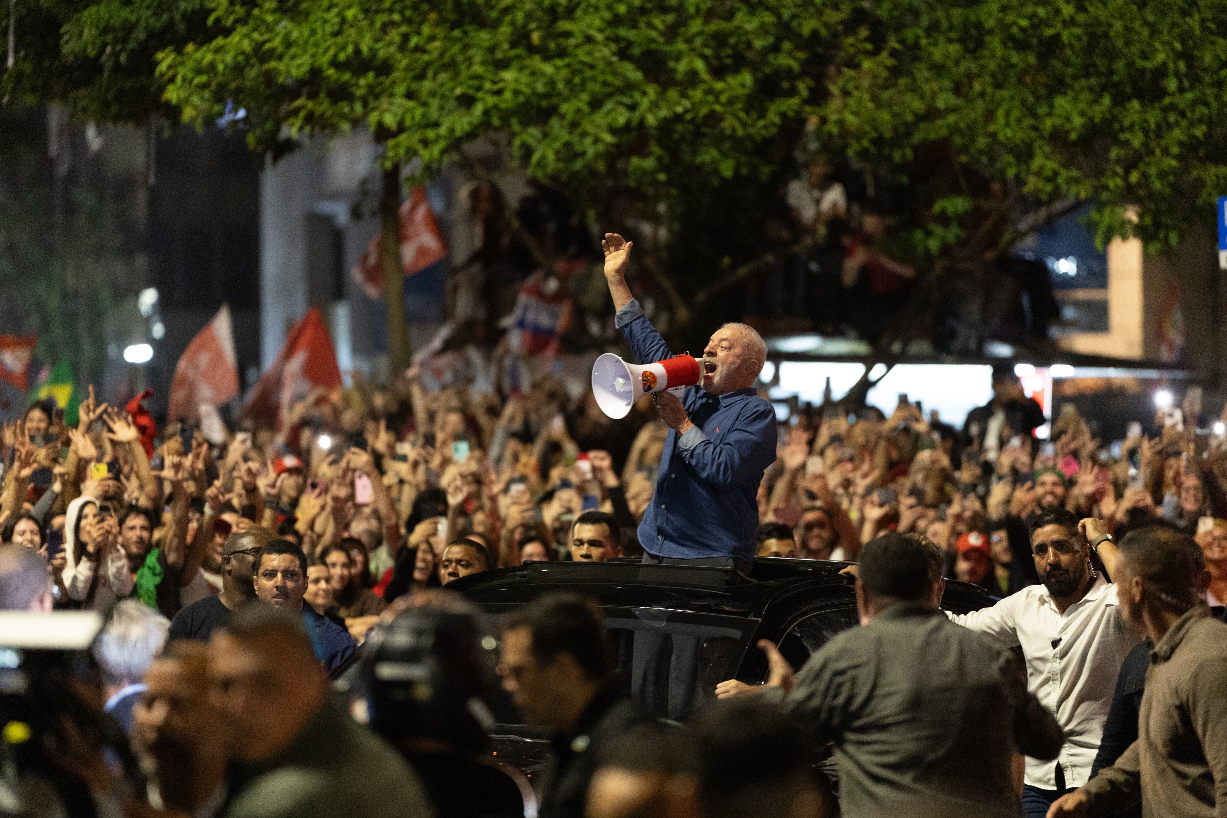 Brazilian President Luiz Inacio Lula da Silva (centre), who won the run-off election with 51.79 per cent of the vote, compared to 48.21 per cent for far-right senator Flavio Bolsonaro, speaks to supporters in Sao Paulo, Brazil, on October 25.  Photo: EPA