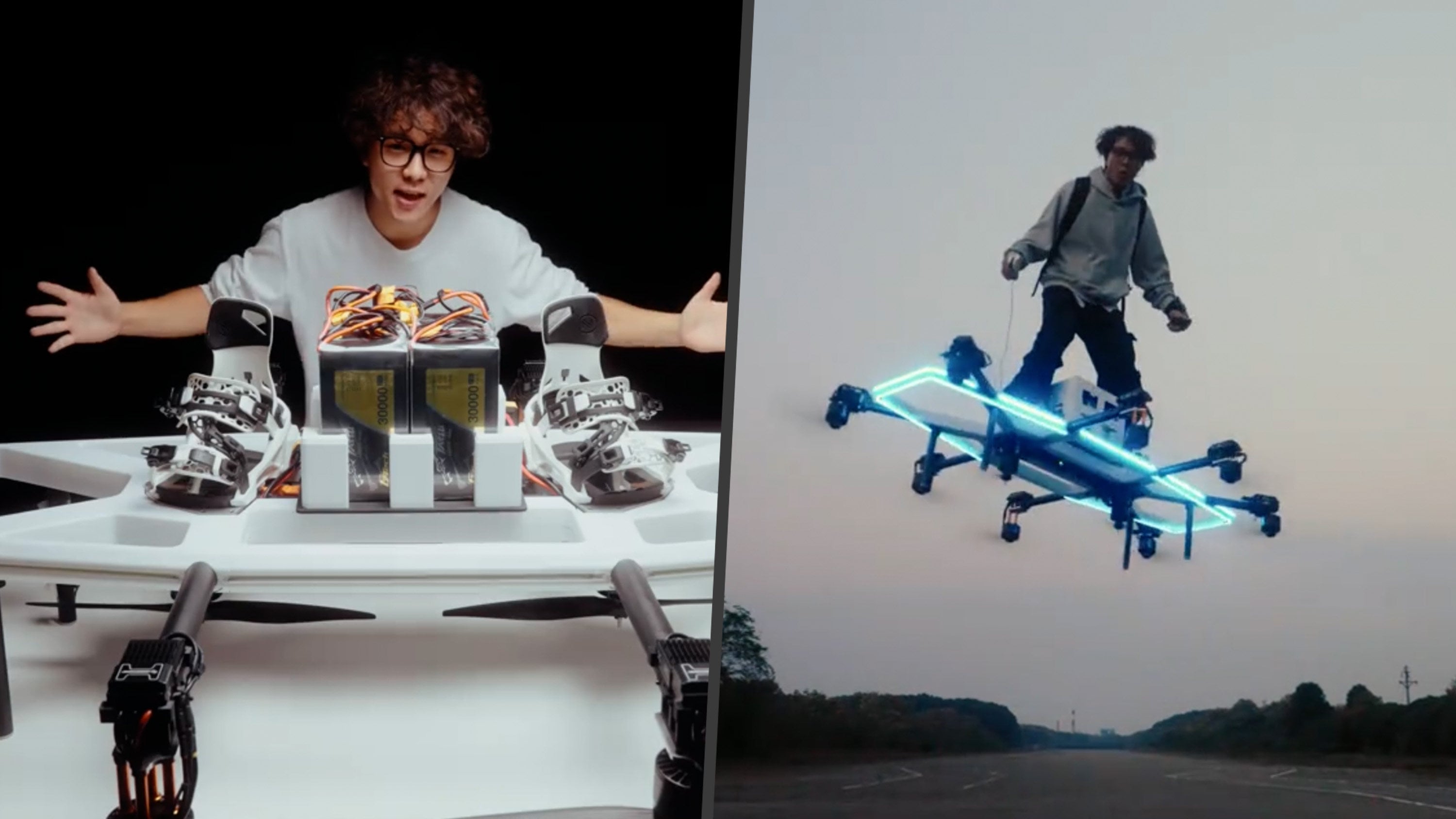 A Chinese influencer built a Green Goblin-inspired hoverboard, successfully flying it across the Yangtze River. Photo: SCMP composite/Douyin