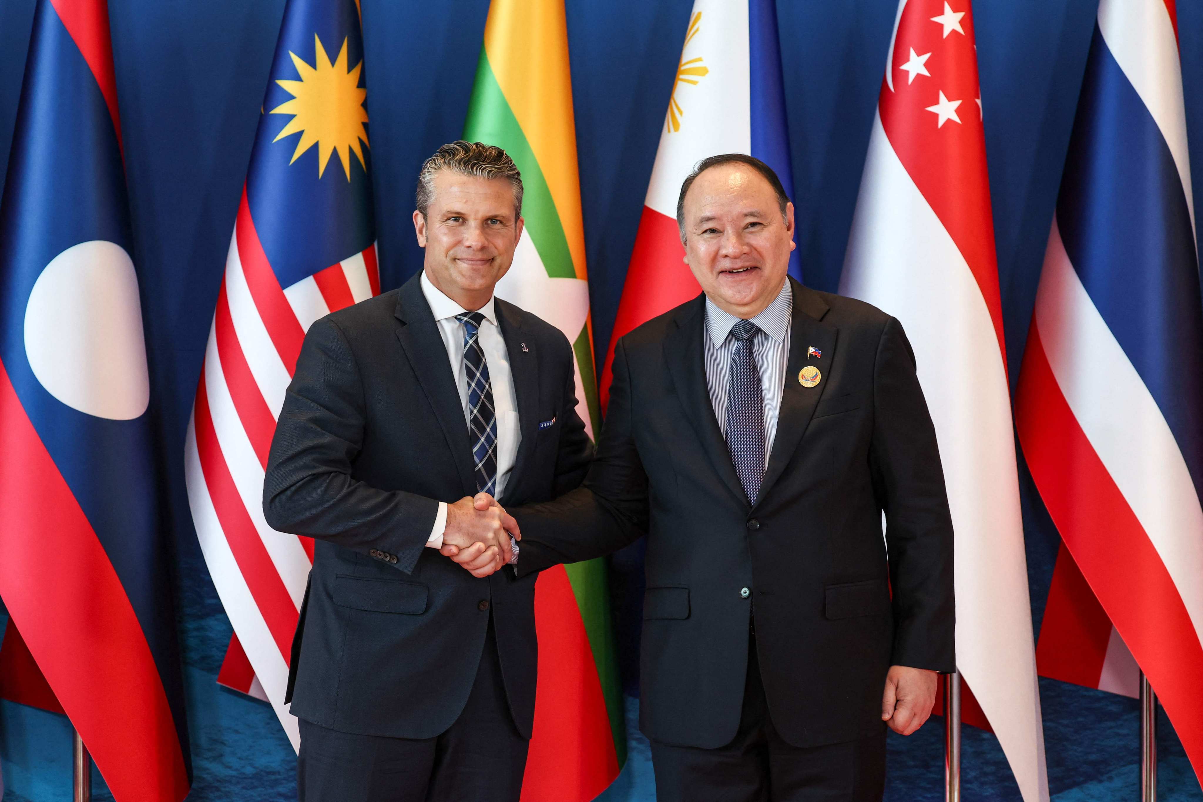 US Defence Secretary Pete Hegseth with his Philippine counterpart Gilberto Teodoro Jnr during the Asean Defence Ministers’ Meeting in Cebu, the Philippines, on Wednesday. Photo: AFP