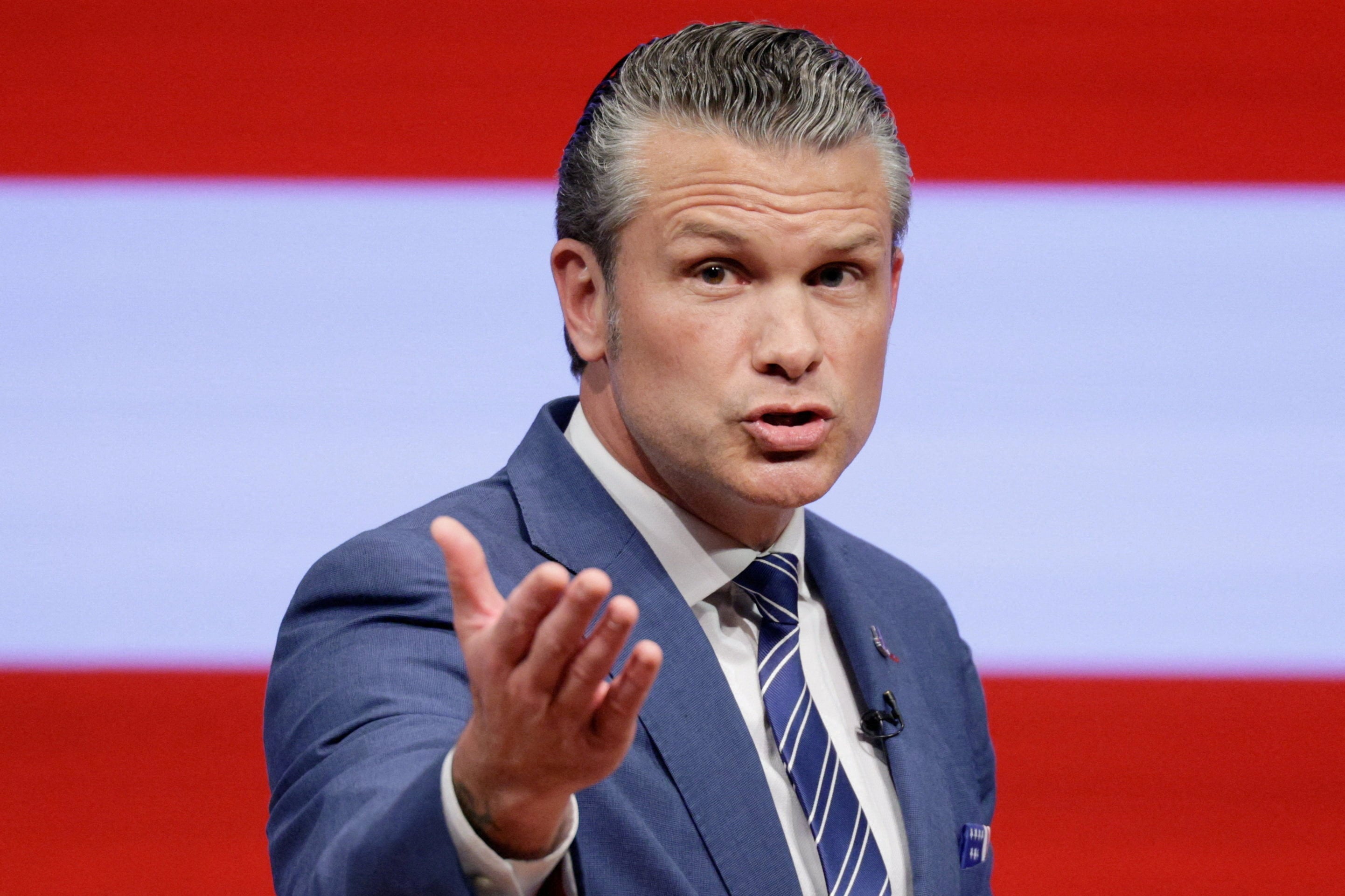 US Defence Secretary Pete Hegseth delivering his 'State of the Force' address to junior officers at Marine Corps Base Quantico in Virginia. Photo: Reuters