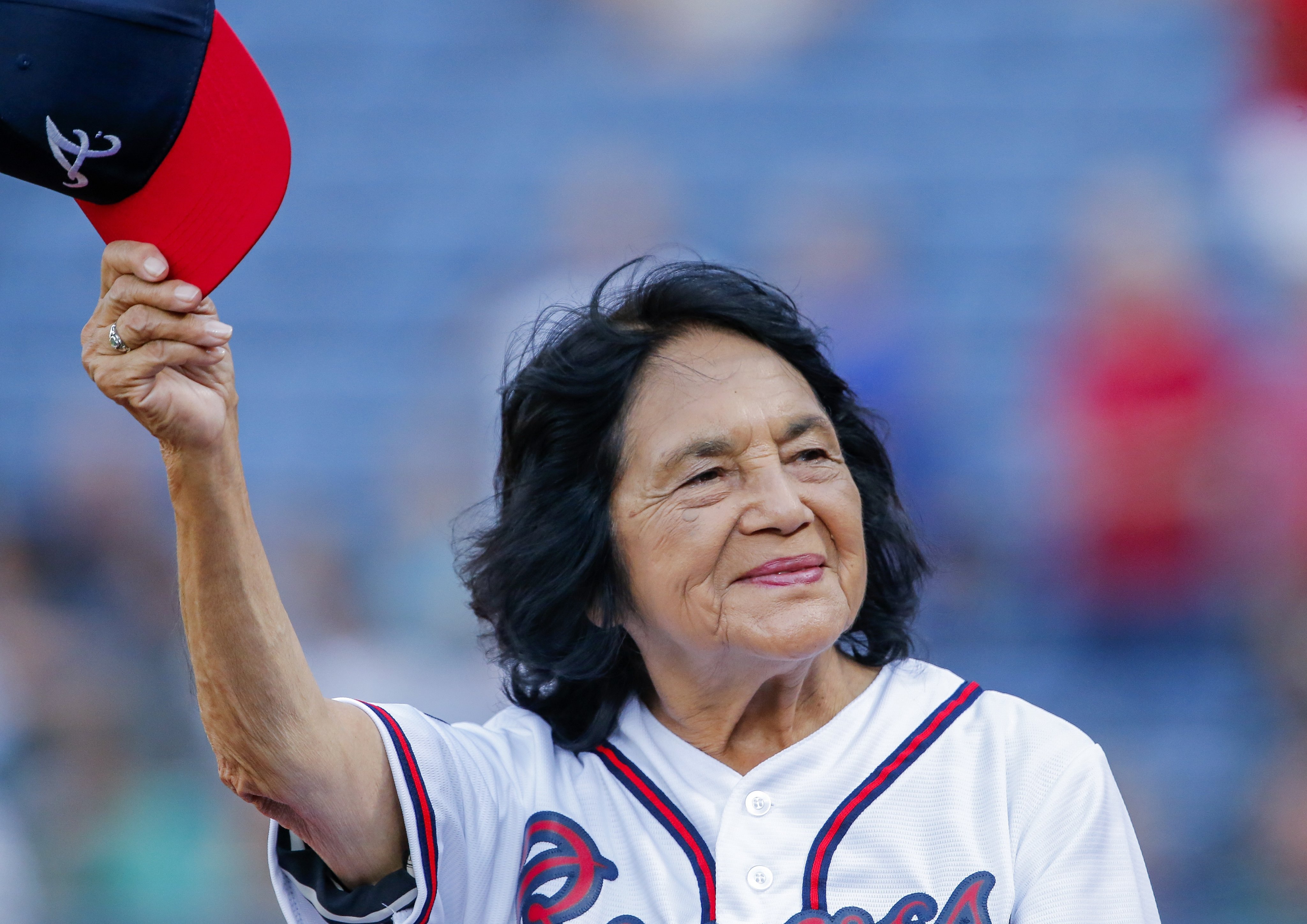 Dolores Huerta after being honoured with the Hank Aaron Champion for Justice Award before a MLB baseball game in 2016. Photo: EPA