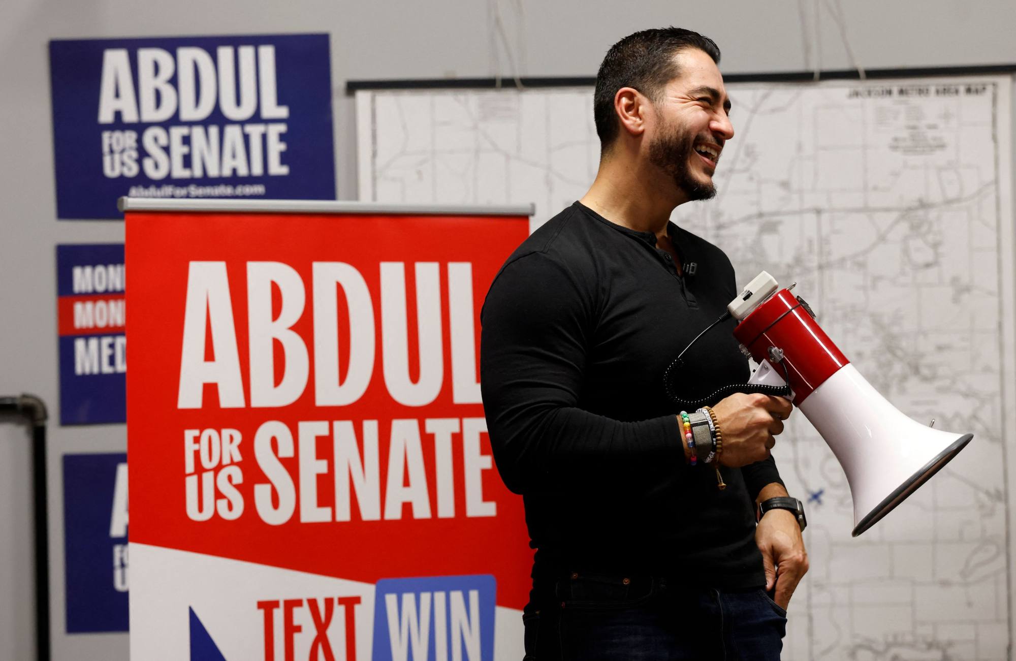 Democratic US Senate candidate Abdul El-Sayed speaks to supporters at a union hall in Jackson, Michigan, on Thursday. Photo: AFP Democratic US Senate candidate Abdul El-Sayed speaks to supporters at a union hall in Jackson, Michigan, on Thursday. Photo: AFP