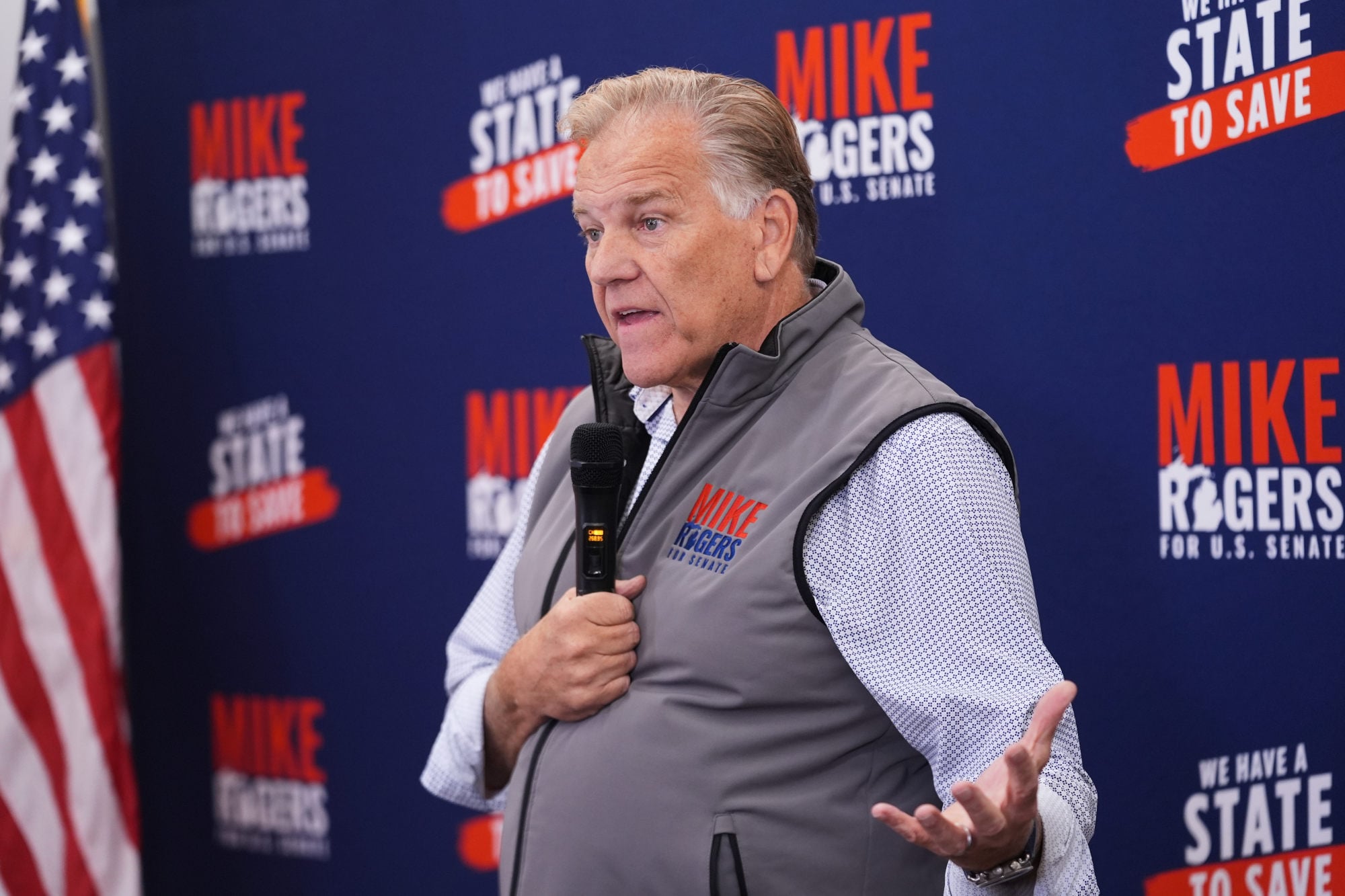 Republican US Senate candidate Mike Rogers speaks during a campaign event in Grosse Pointe Woods, Michigan, on Wednesday. Photo: AP Republican US Senate candidate Mike Rogers speaks during a campaign event in Grosse Pointe Woods, Michigan, on Wednesday. Photo: AP