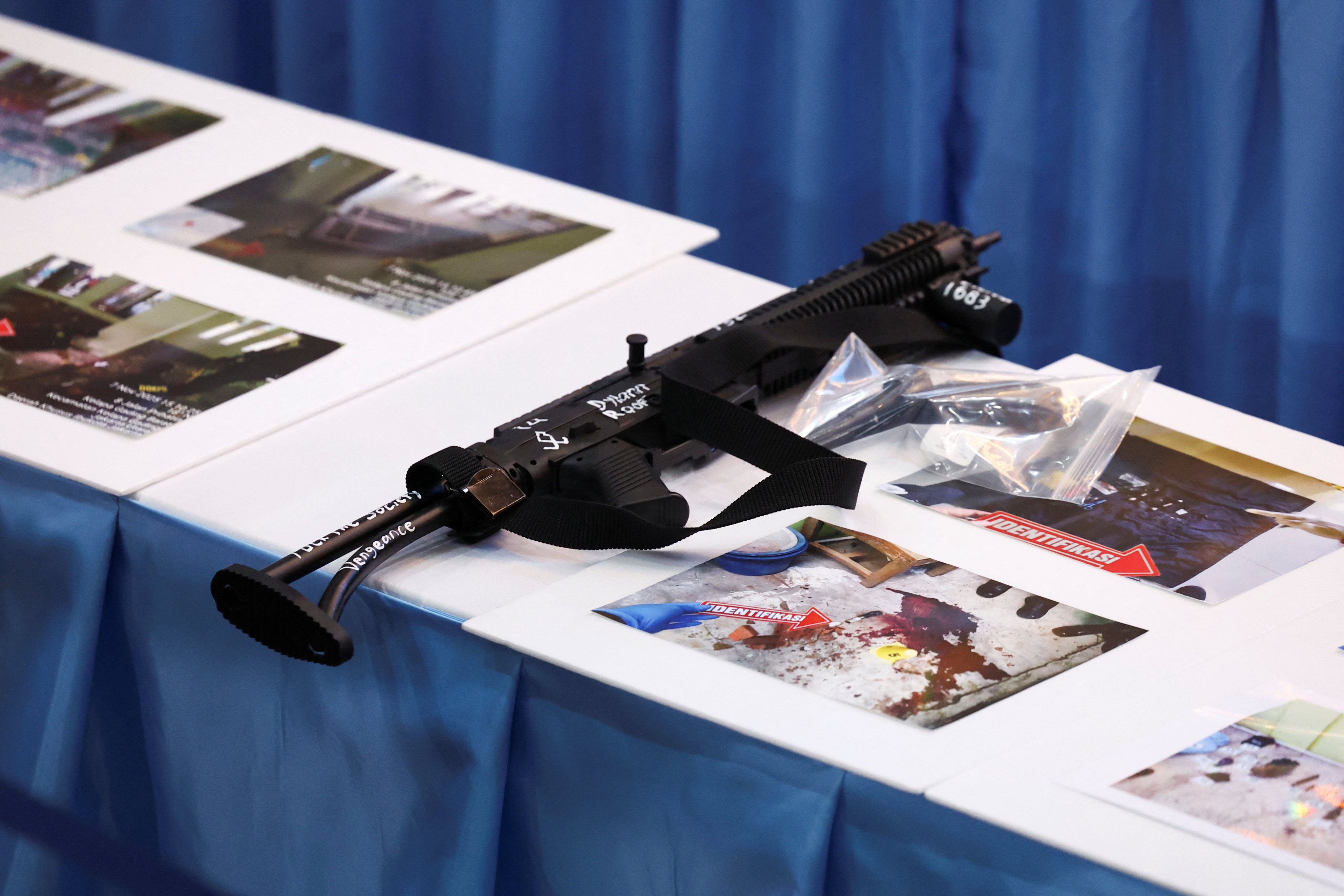 Evidence, including a toy firearm, shown during a Jakarta police news conference following an explosion at a school mosque in November 2025. Counterterrorism investigators found the teenage attacker was influenced by the online “True Crime Community”. Photo: Reuters
