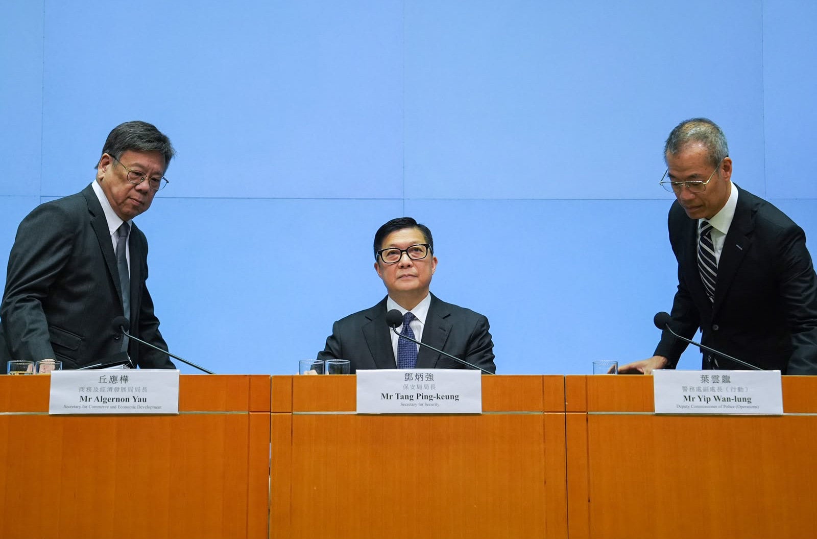(From left) Secretary for Commerce and Economic Development Algernon Yau, Secretary for Security Chris Tang and Deputy Commissioner of Police Yip Wan-lung at the afternoon press conference. Photo: Elson Li