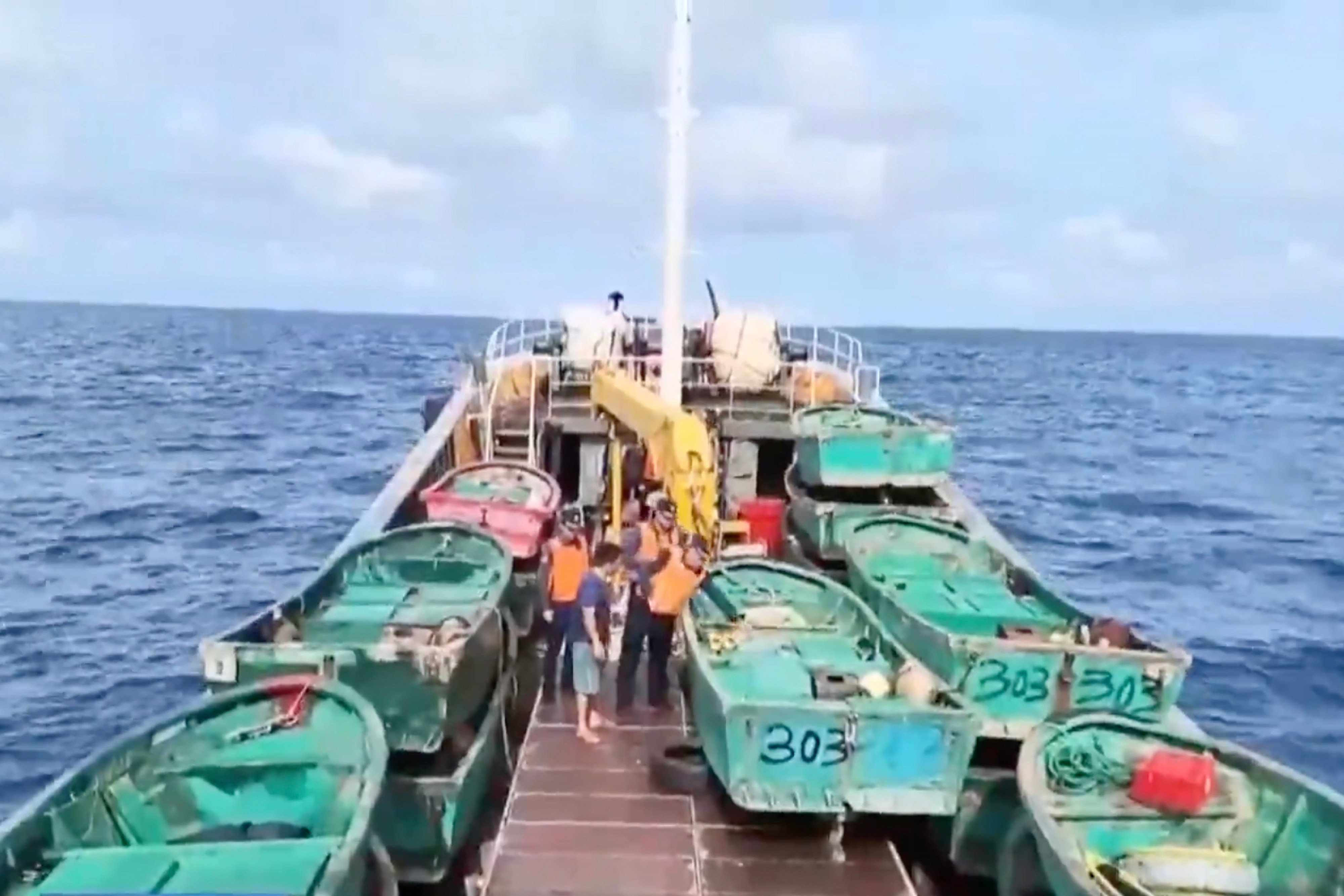 CCTV says China carried out a coastguard exercise featuring water cannons and drones near two disputed reefs at the centre of its tension with the Philippines. Photo: CCTV