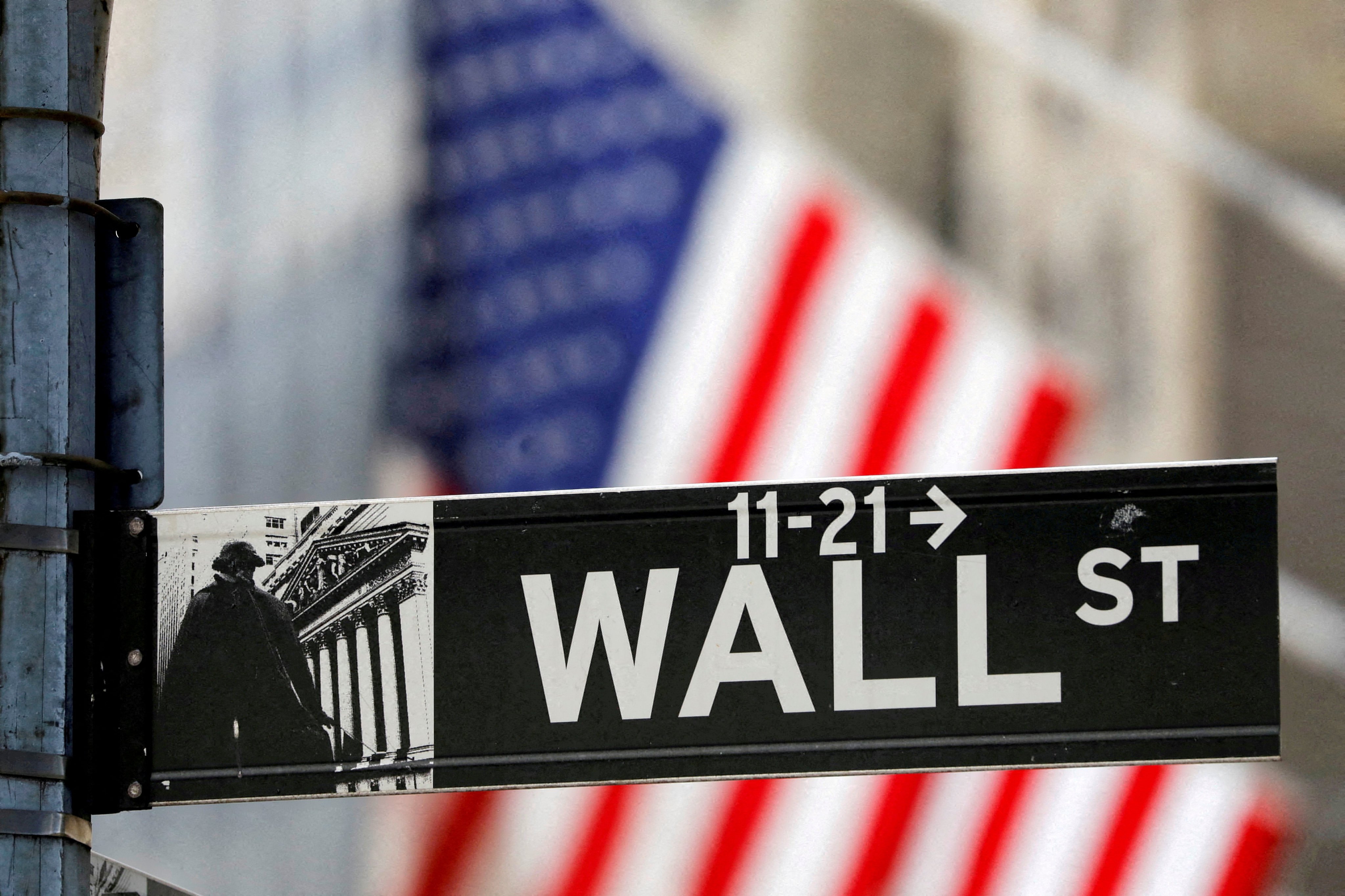 A street sign for Wall Street is seen outside the New York Stock Exchange in July 2021. Photo: Reuters