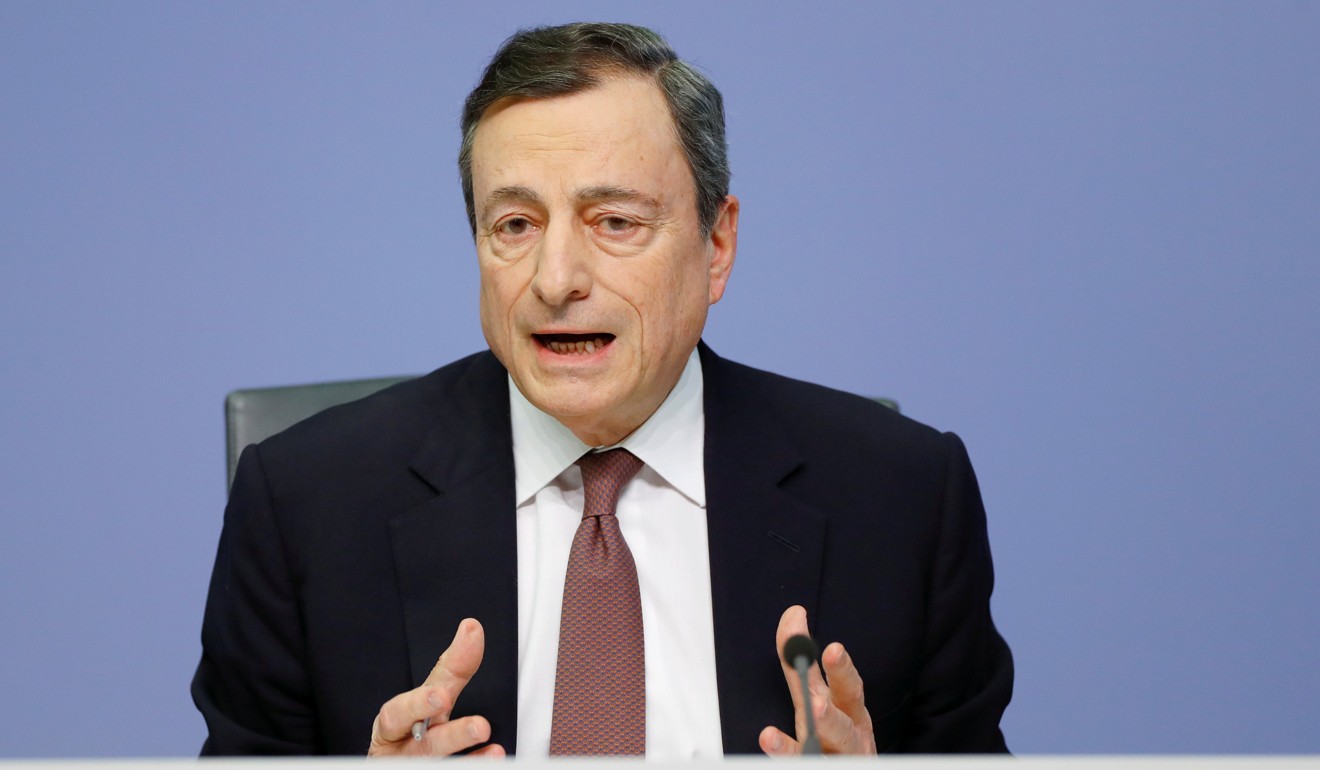 Mario Draghi, president of the European Central Bank, attends a news conference at the ECB headquarters in Frankfurt on March 7. Draghi said the euro zone will grow just 1.1 per cent in 2019, down 0.6 percentage points from the previous prediction. Photo: Reuters