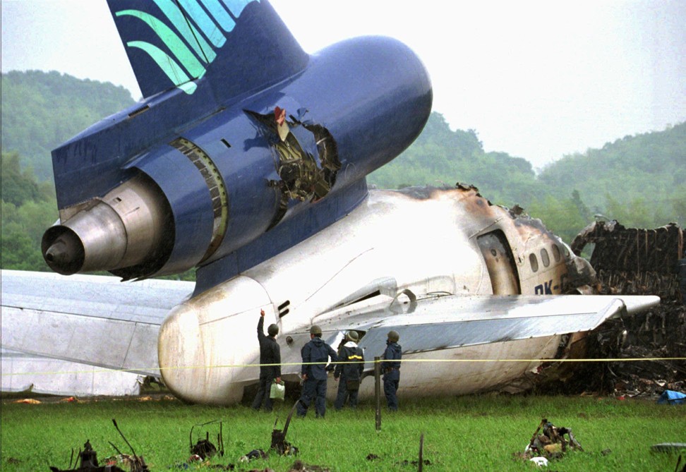 The remains of Garuda Indonesia’s DC-10 after it crashed at Fukuoka airport on Kyushu island in southern Japan on June 14, 1996. A hole ripped through the engine in the aircraft’s tail - a signature design of the DC-10 model - causing it to fail after take-off, killing three people and leaving 100 injured. Photo: AP