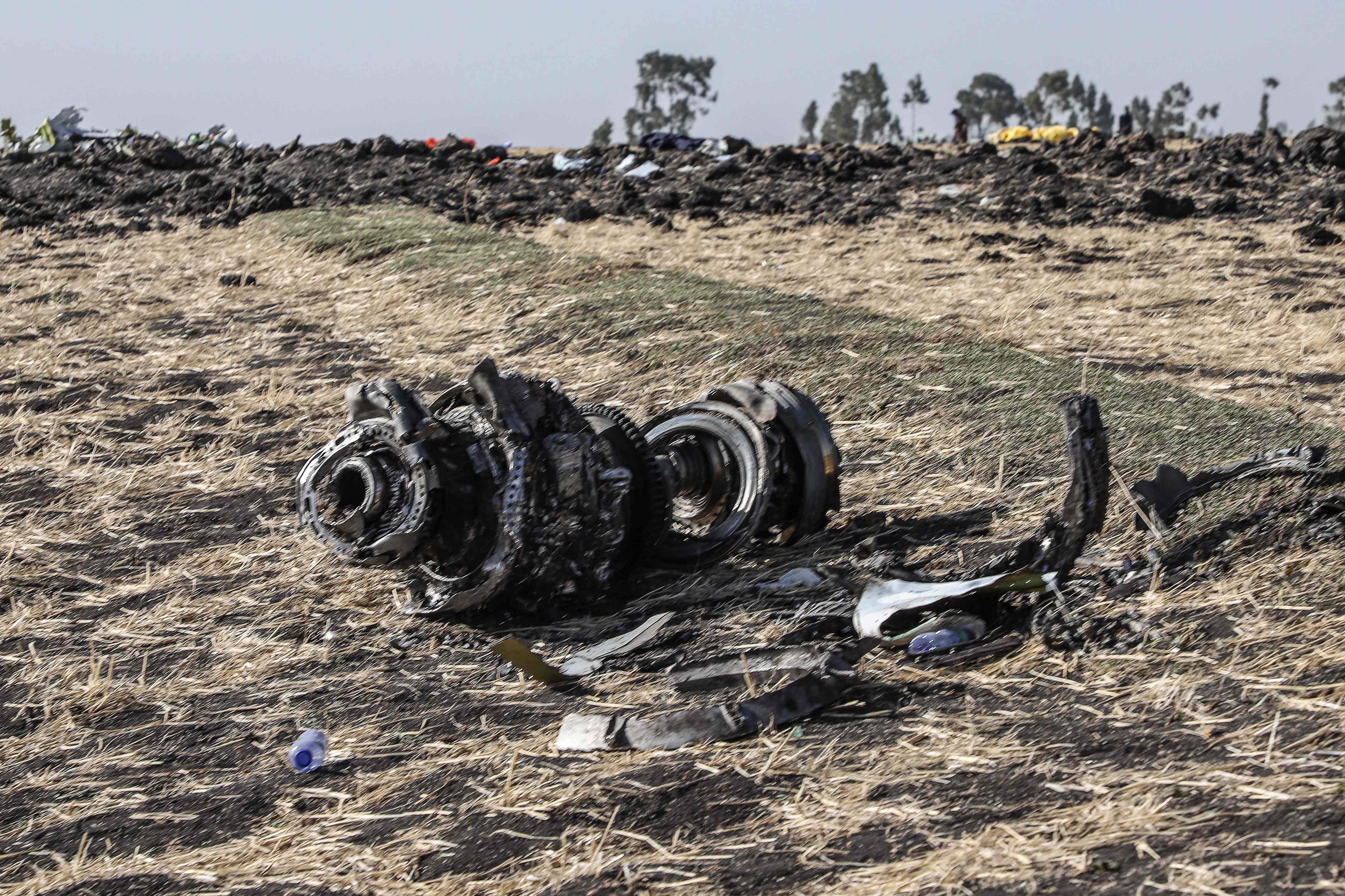 Debris of Ethiopia Airlines’ ill-fated Flight ET302, which crashed near Bishoftu, 60 kilometres southeast of Addis Ababa, en route Nairobi in Kenya. Photo: Agence France-Presse