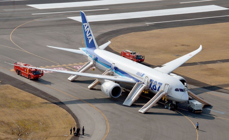 All Nippon Airways (ANA) Boeing 787 Dreamliner made an emergency landing at Takamatsu airport in western Japan’s Kagawa prefecture on January 16, 2013, after smoke appeared in the plane's cockpit, but all 137 passengers and crew members were evacuated safely. Photo: REUTERS/Kyodo
