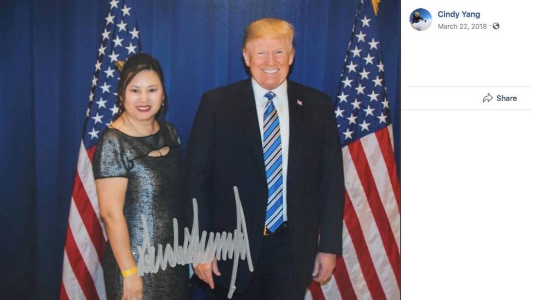 Cindy Yang with US President Donald Trump in a photo signed by Trump posted on Yang’s Facebook page. Photo: Facebook