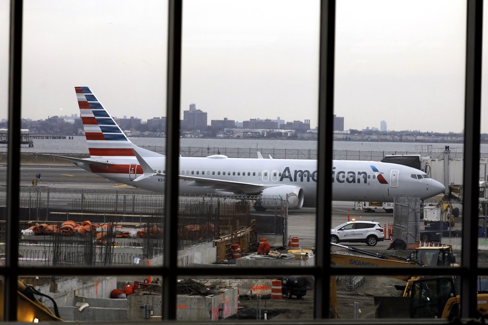 An American Airlines Boeing 737 MAX 8 is parked in a gate at LaGuardia Airport in New York on Wednesday. Photo: EPA