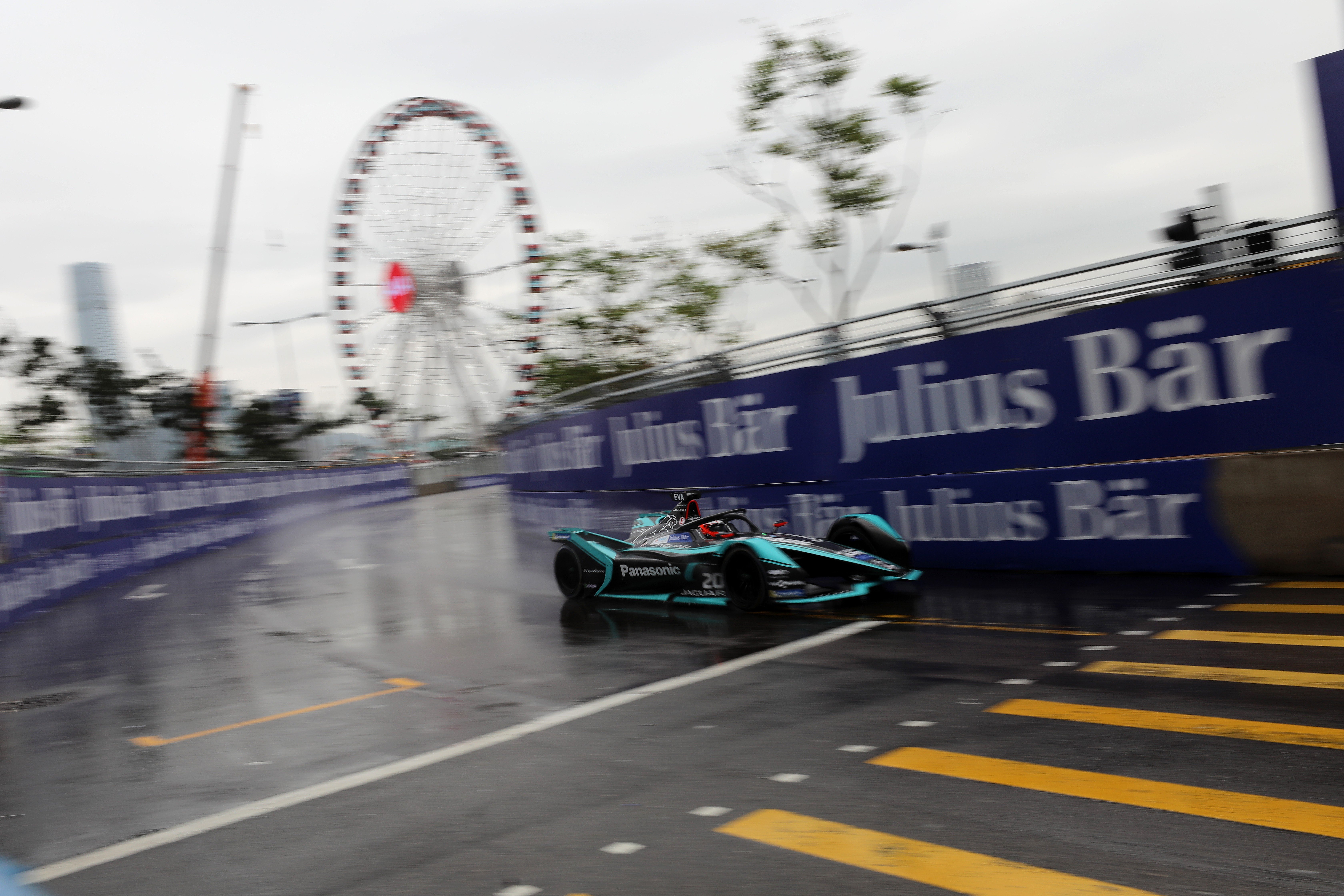 Mitch Evans (20) from Panasonic Jaguar Racing, in action at the Hong Kong E-Prix. Photo: Sam Tsang