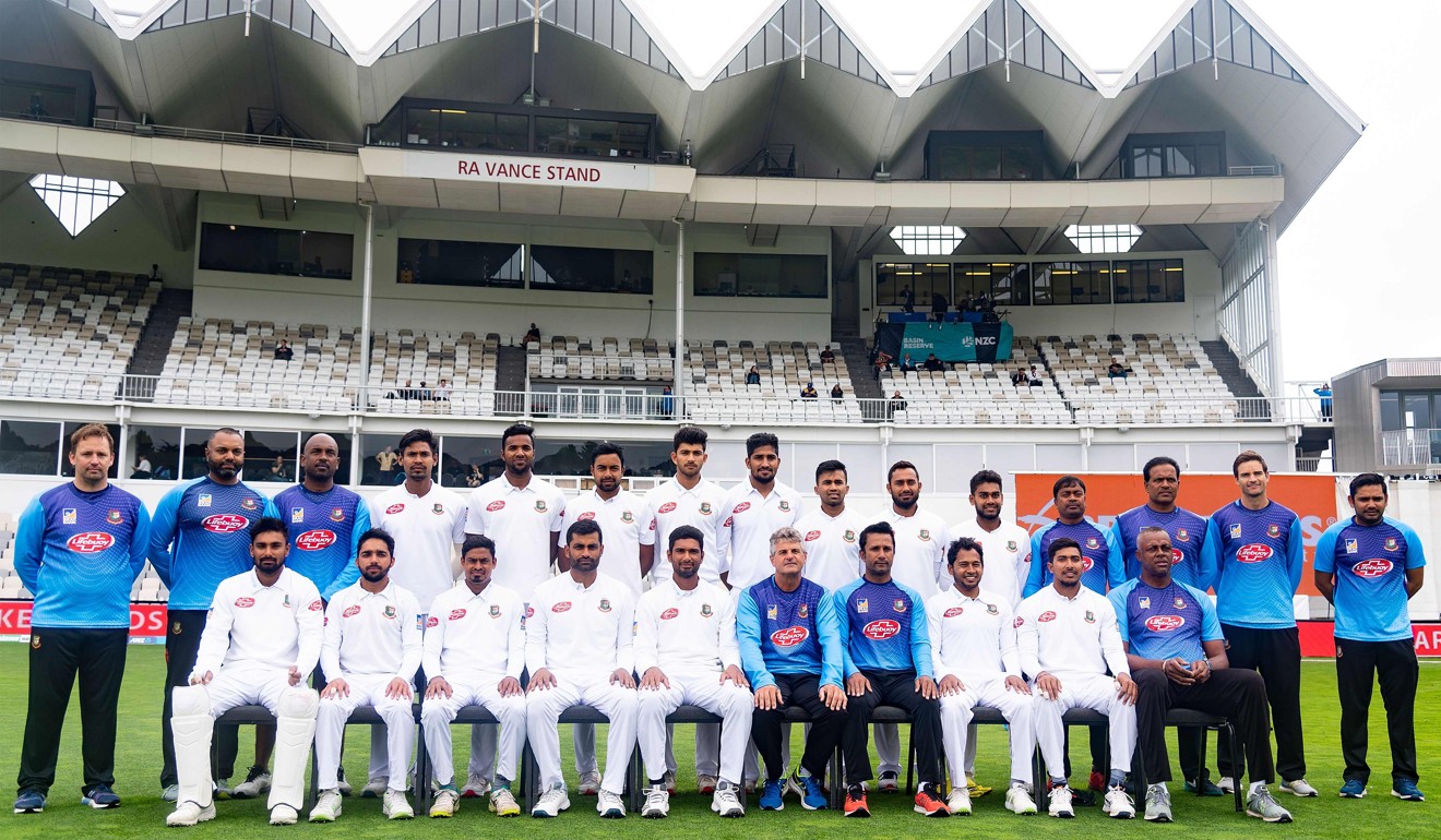 Bangladesh players and officials pose for a group photograph during day four of the second test match against New Zealand at the Basin Reserve in Wellington on March 11. Photo: AFP