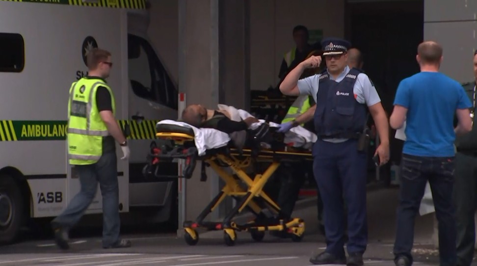 An image grab from TV New Zealand shows a victim arriving at a hospital following the mosque shooting in Christchurch on Friday. Photo: AFP