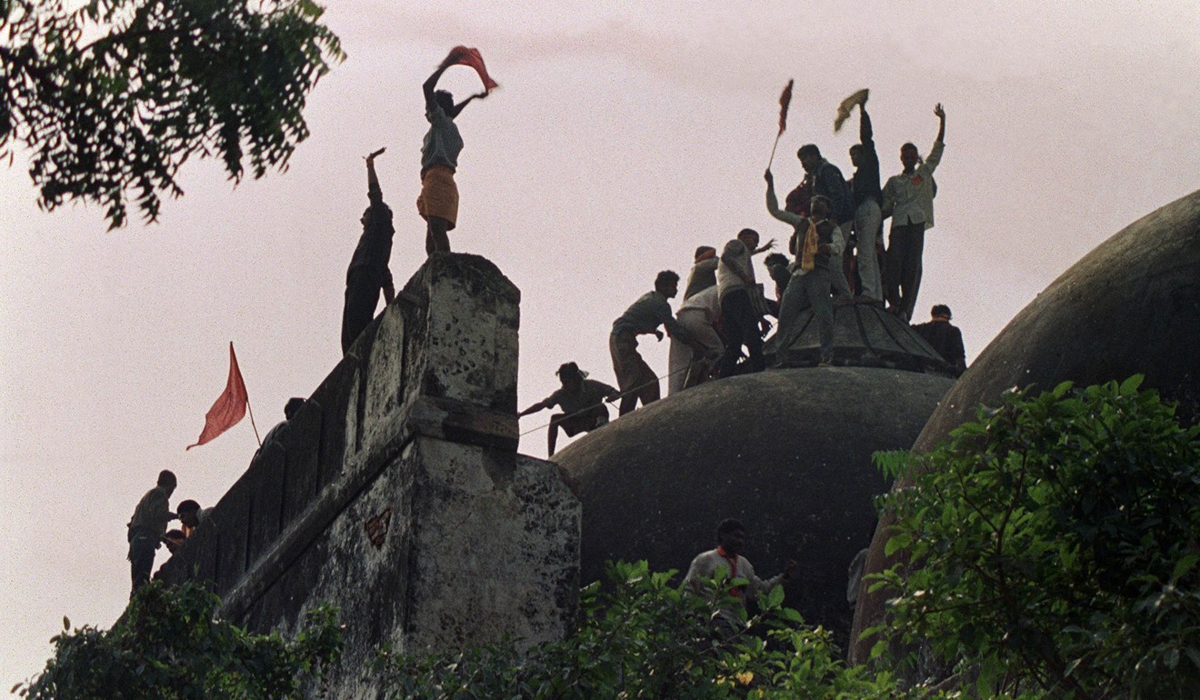 Hindu fundamentalists in celebrate the destruction of the 16th Century Babri Mosque in Ayodhya, 1992. Photo: AFP