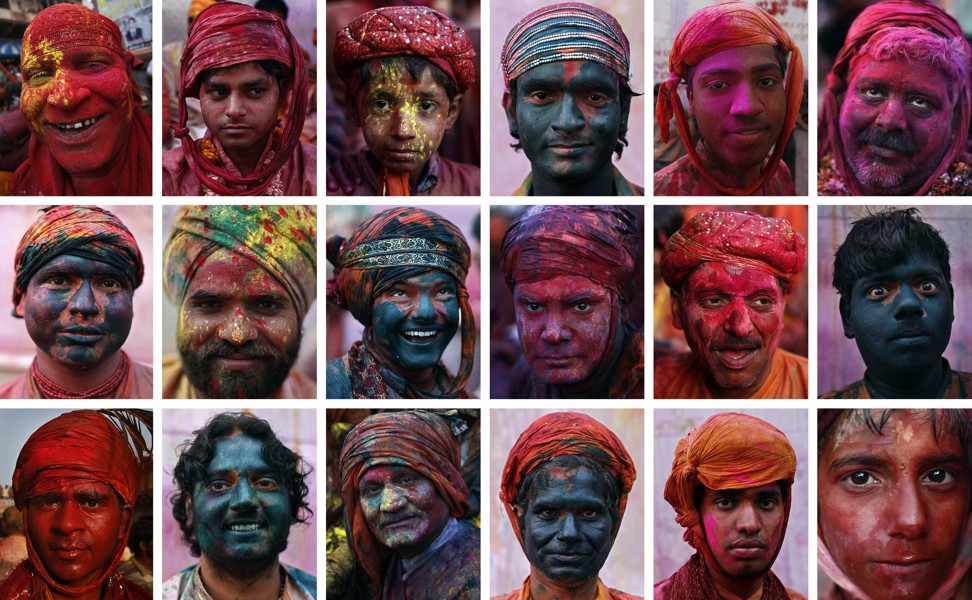 A combination of pictures showing men and boys daubed in coloured powder as they celebrate Lathmar Holi at Nandgaon and Barsana villages, in the northern Indian state of Uttar Pradesh. Photos: Reuters