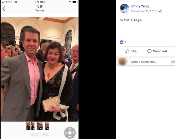 Cindy Yang and Donald Trump Jnr at a Mar-a-Lago in late 2018. Photo: TNS