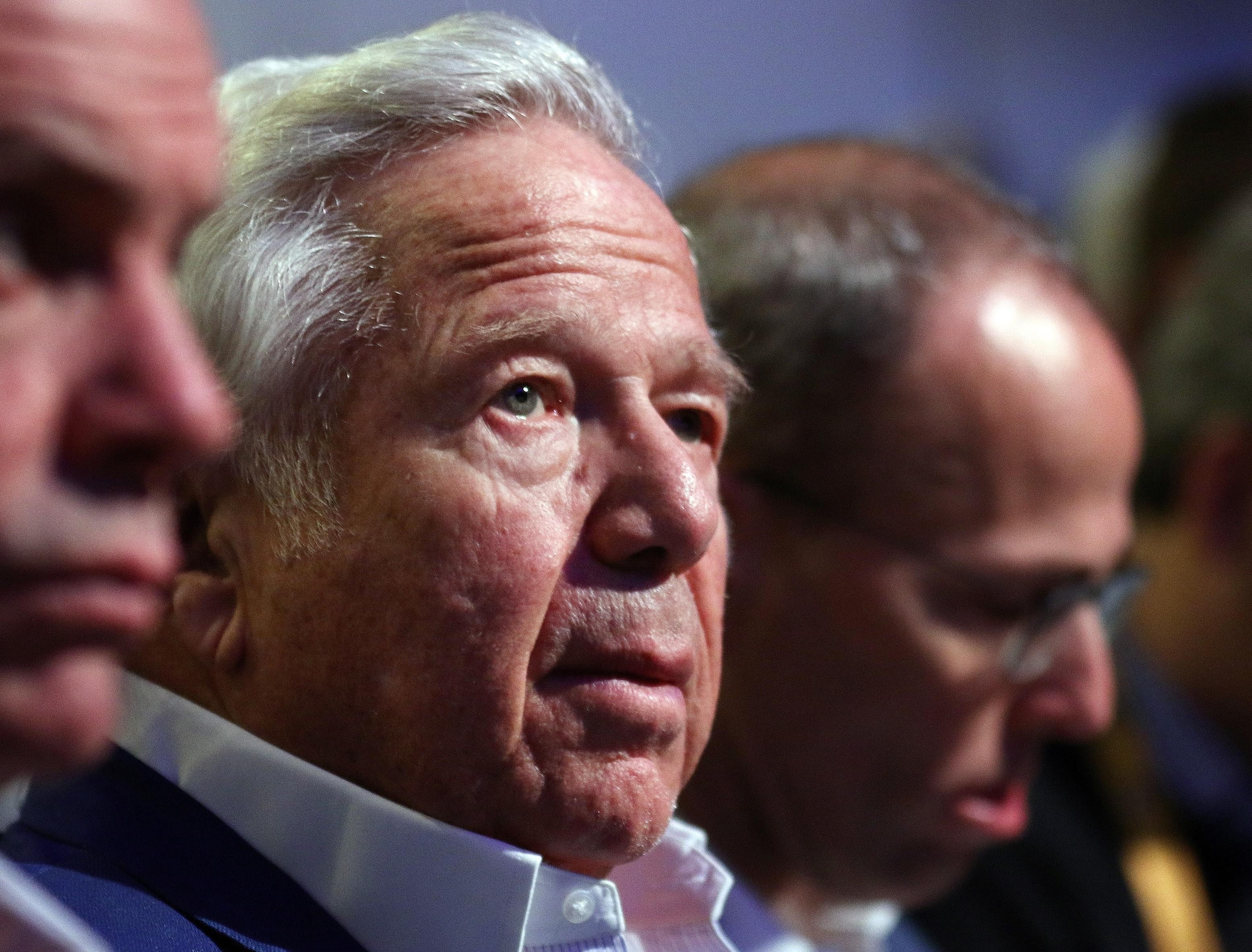 New England Patriots owner Robert Kraft listens in the Super Bowl LIII media centre on January 29 as NFL Commissioner Roger Goodell speaks. A plea deal has been offered to Patriots owner Robert Kraft in day spa probe. Photo: TNS