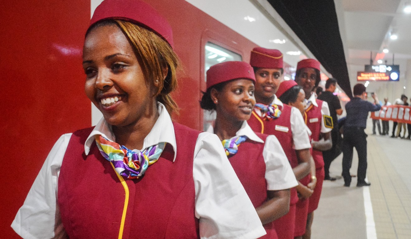 Railway staff make history with the arrival of the first commercial train from Addis Ababa at a platform at Nagad railway station in Djibouti in January 2018. Photo: AFP