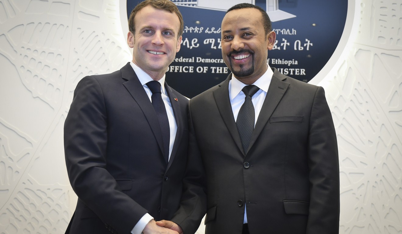 French President Emmanuel Macron (left), with Ethiopian Prime Minister Abiy Ahmed, has joined the chorus of voices warning about China’s growing economic reach. Photo: EPA-EFE