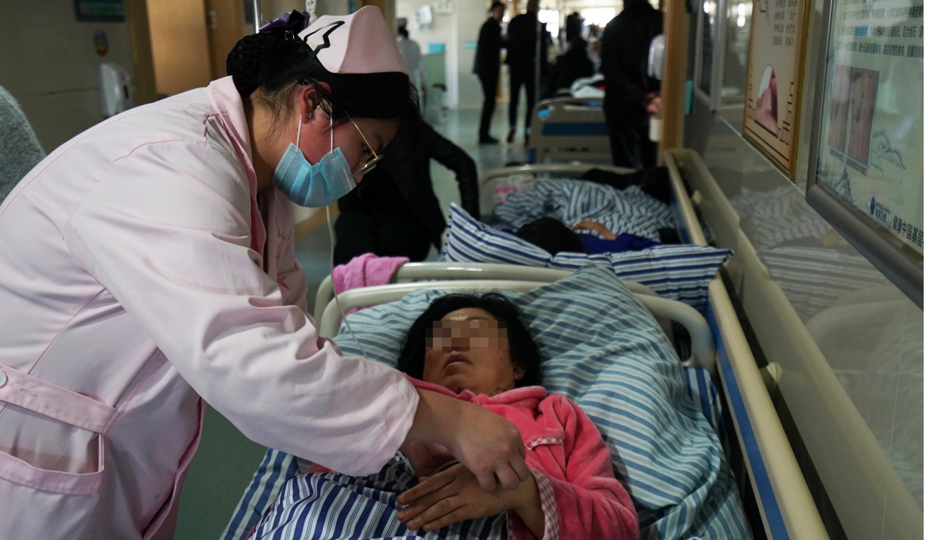 An injured woman is treated at a hospital in Xiangshui county, Yancheng after the blast on Friday. Photo: Xinhua