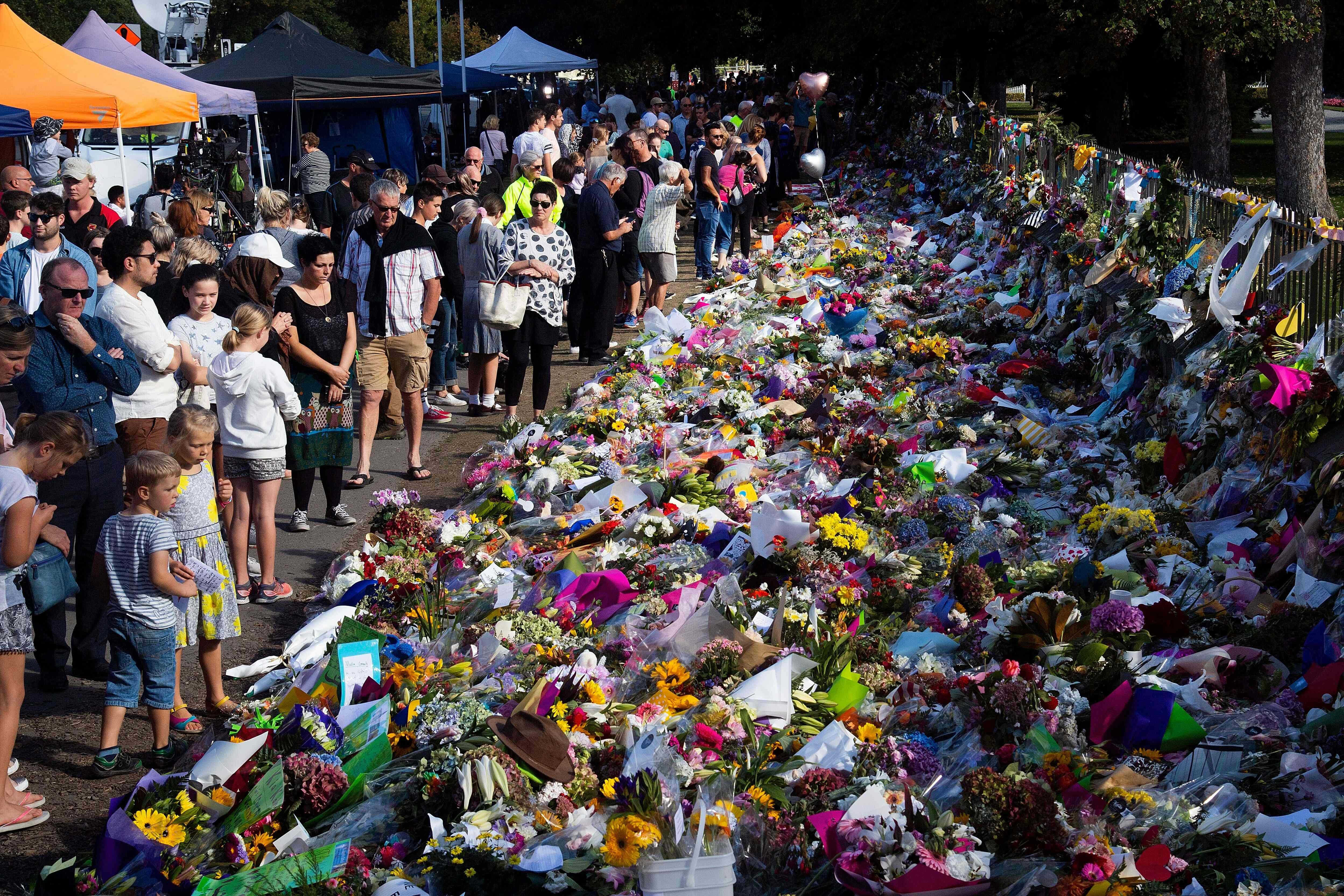 Floral tributes to those who were gunned down at the two mosques in Christchurch, New Zealand. Photo: AFP