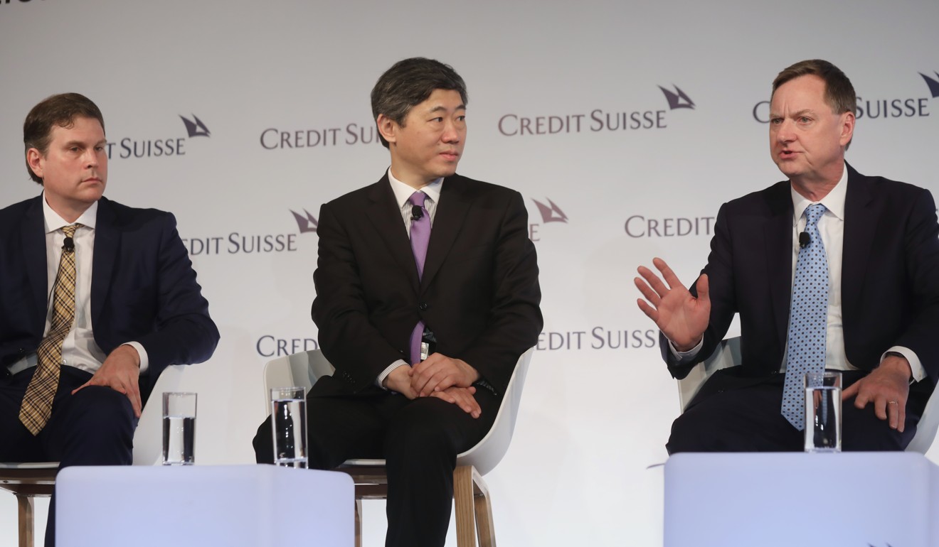 James Sweeney from Credit Suisse (left), David Li Daokui from Tsinghua University and the Chicago Federal Reserve’s Charles Evans during Monday’s panel discussion in Hong Kong. Photo: K.Y. Cheng