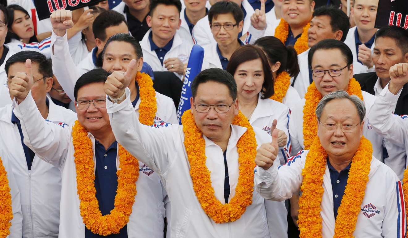 Uttama Savanayana, centre, the leader of Palang Pracharat party, which nominated the junta-leader and current Prime Minister Prayuth Chan-ocha as its candidate for prime minister. Photo: AP