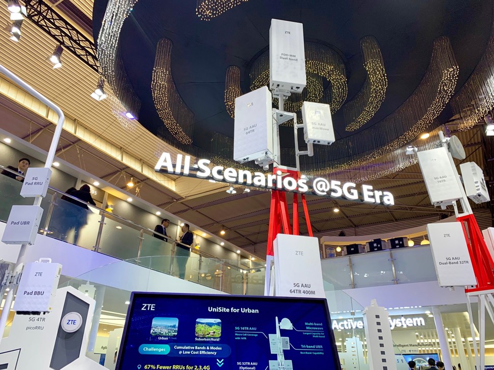 Hong Kong-listed ZTE Corp displays its range of 5G mobile base stations inside its booth at trade show MWC Barcelona in February. Photo: Bien Perez