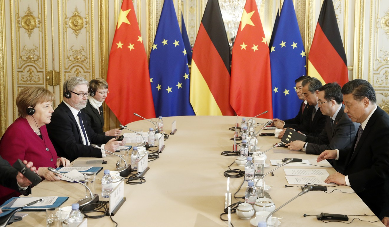 European leaders indicated they remained open to joining Beijing’s initiative after a meeting in Paris between China President Xi Jinping (right), German Chancellor Angela Merkel (left) and other European leaders. Photo: EPA-EFE