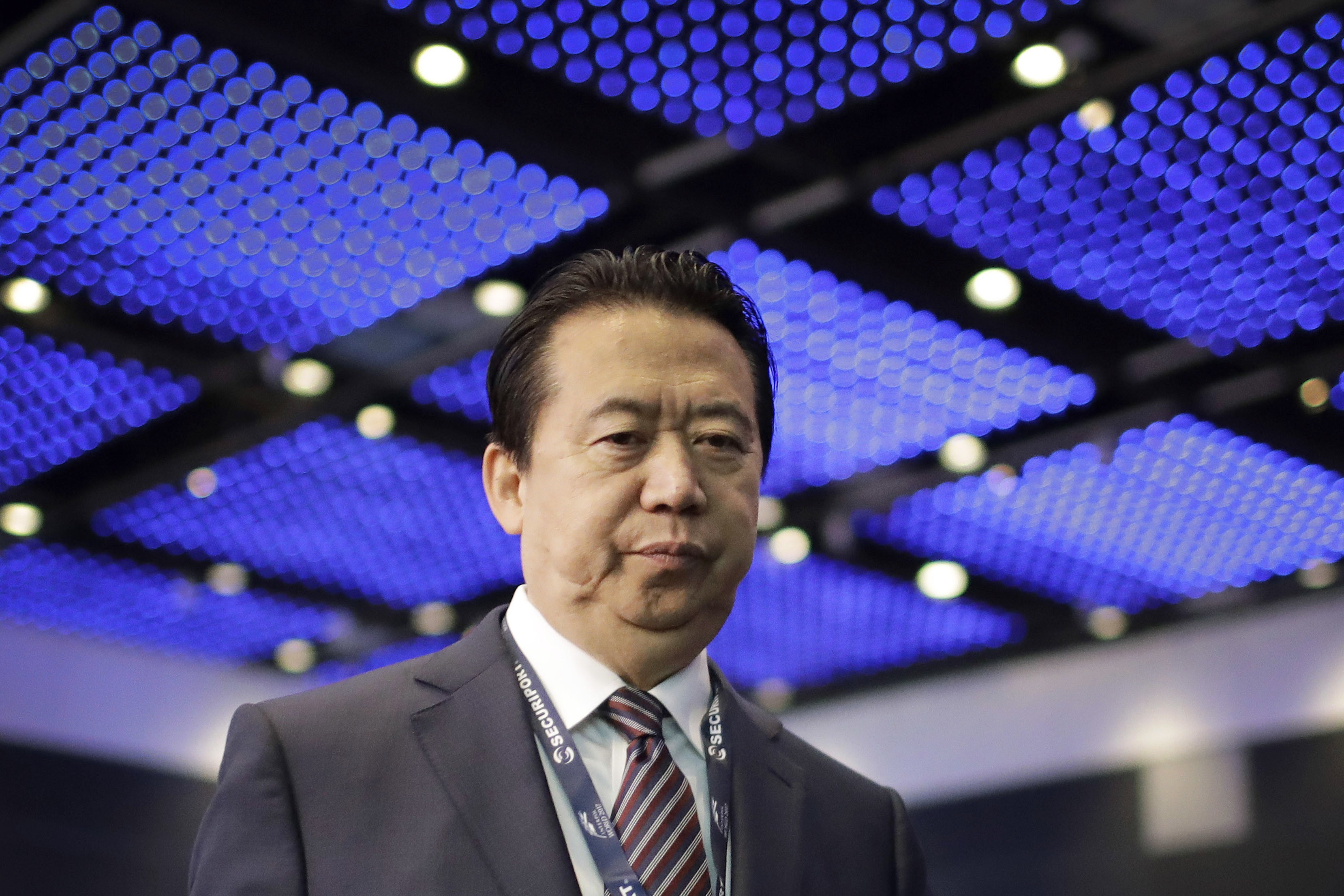 In this July 4, 2017 file photo, then Interpol president Meng Hongwei walks on stage to deliver his opening address at the Interpol World Congress in Singapore. Photo: AP
