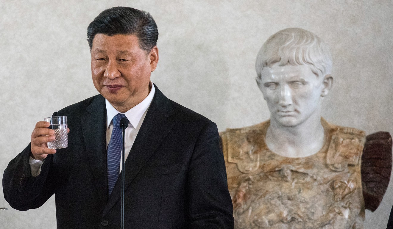 Xi Jinping drinks a glass of water as he attends an Italy-China business forum with Italy’s president Sergio Mattarella, not pictured, at the Quirinale Palace in Rome on Friday, March 22. Photographer: Bloomberg