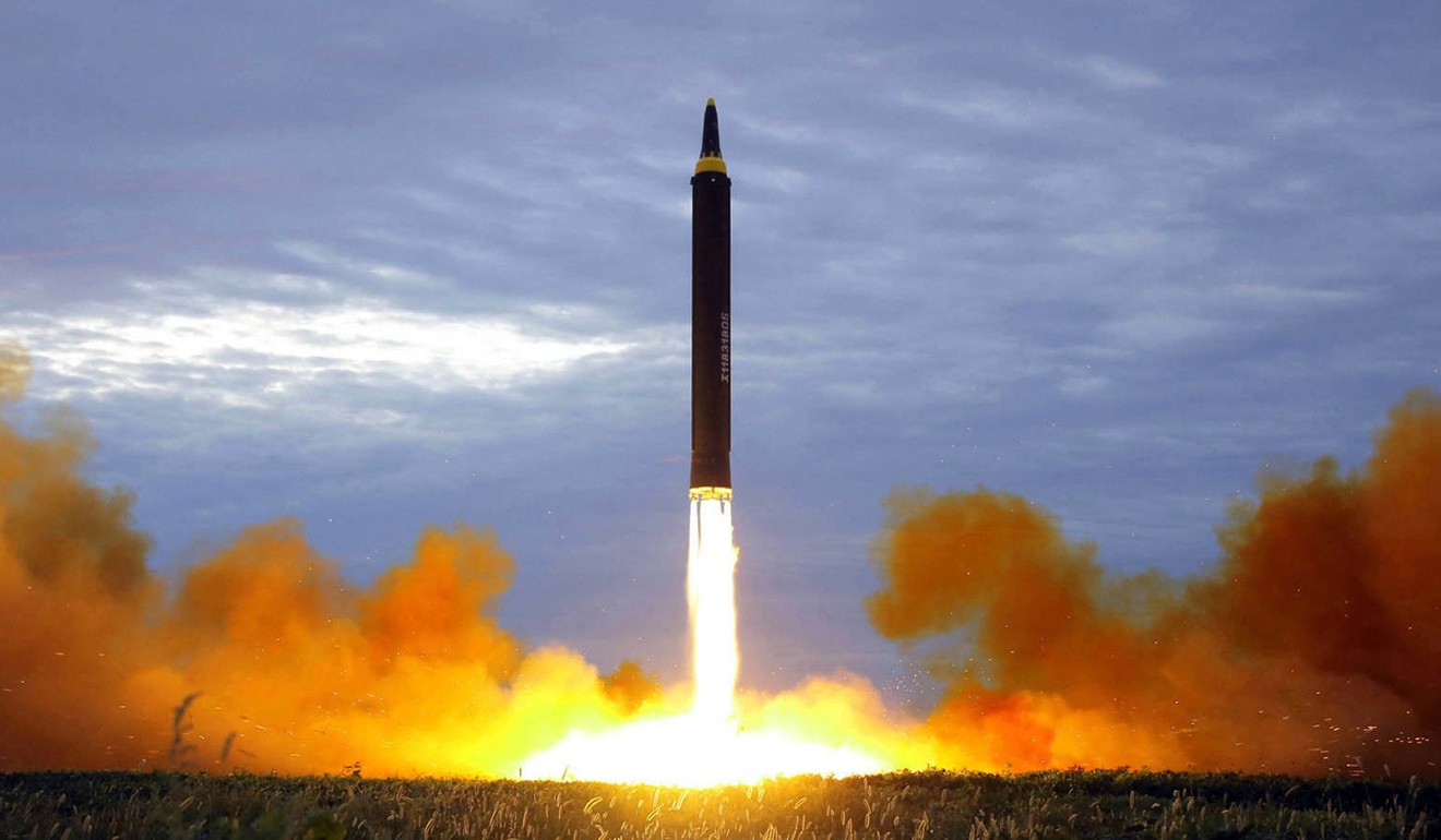 North Korea test launches a Hwasong-12 intermediate range missile in Pyongyang. Photo: AP