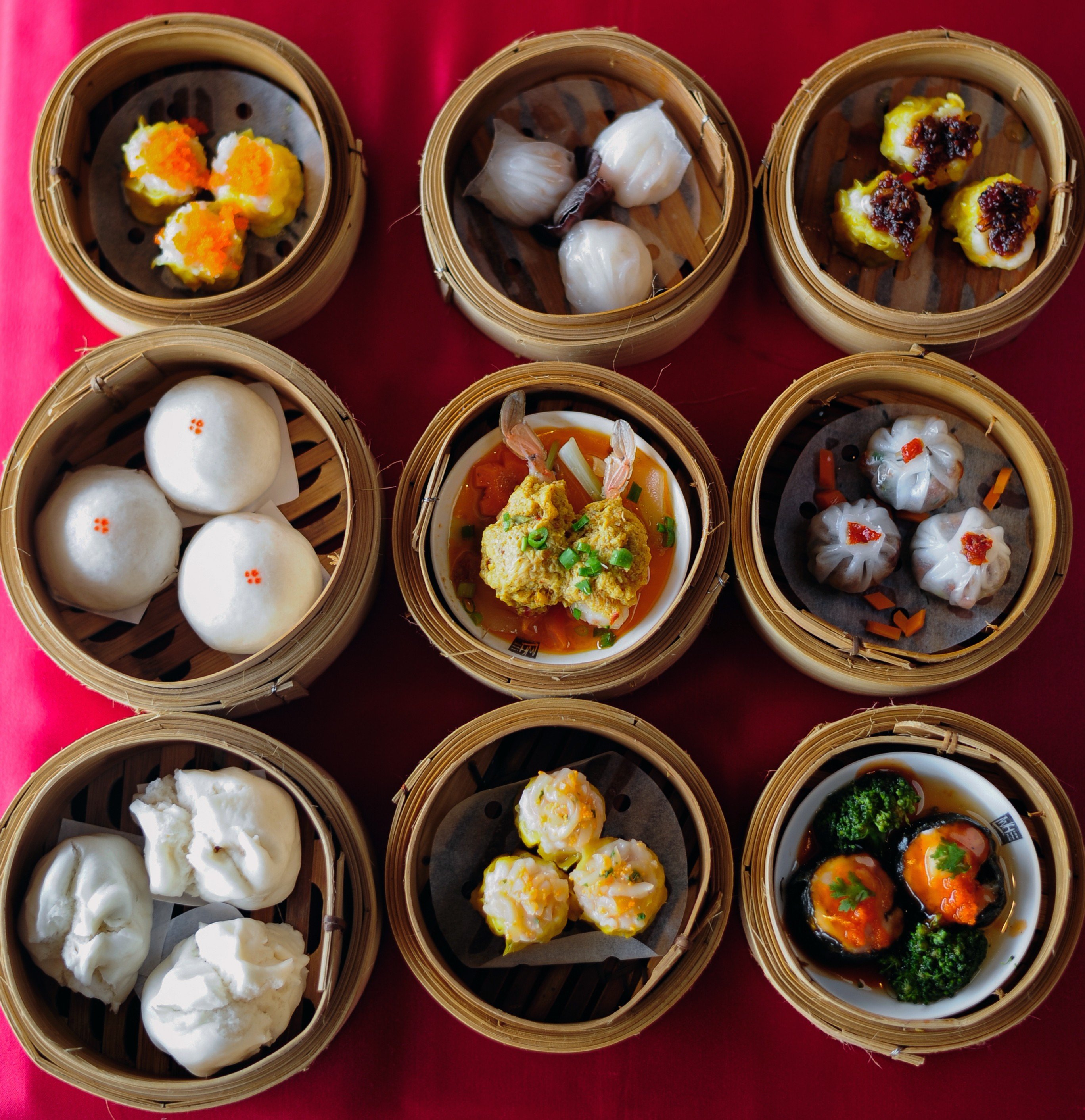 A display of dim sum dishes.