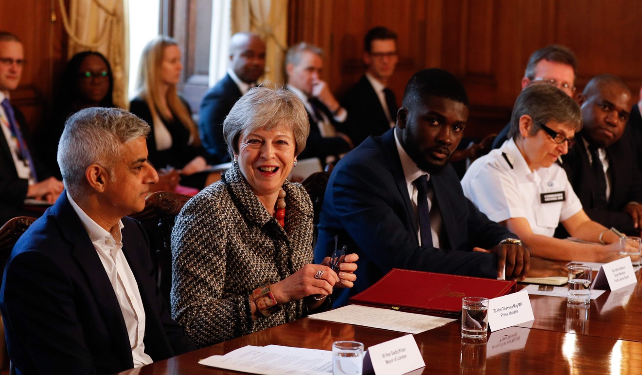 Britain’s Prime Minister Theresa May hosting a Serious Youth Violence Summit, which included London mayor Sadiq Khan and Metropolitan Police commissioner Cressida Dick, at 10 Downing Street on April 1, 2019. Photo: AFP