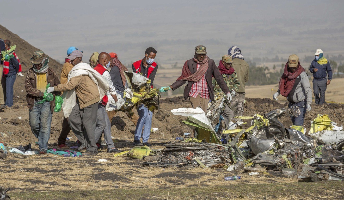 Rescuers at the scene of the Ethiopian Airlines crash. Photo: AP