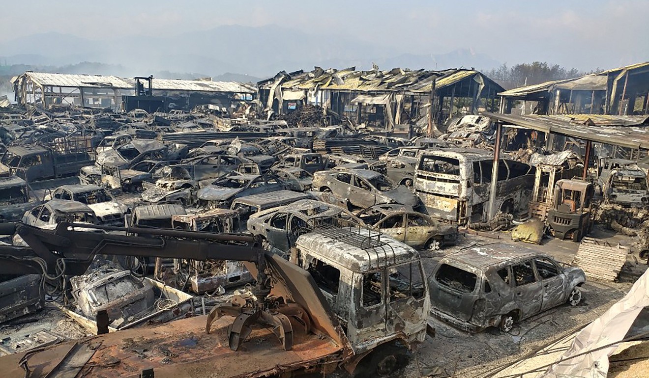 Scrapped vehicles burnt by a forest fire. Photo: AFP