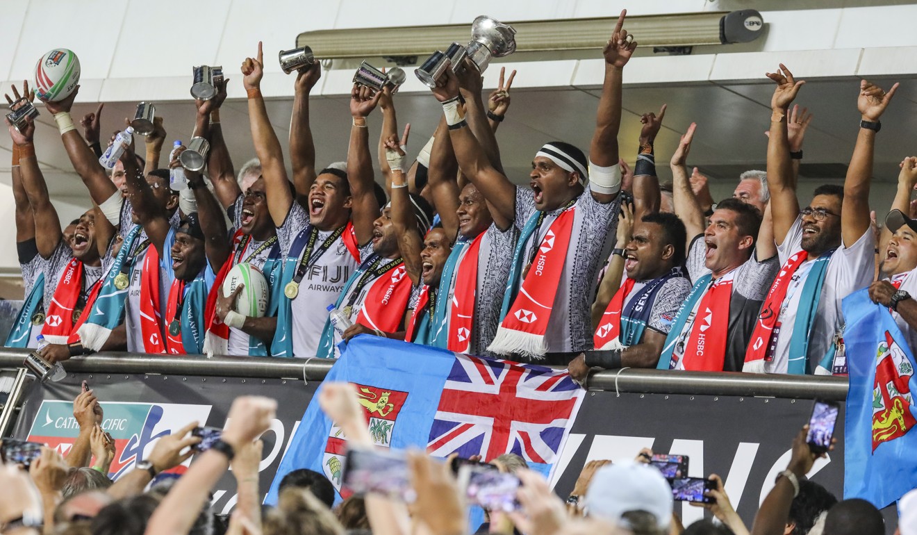 Fiji celebrate after beating France. Photo: K. Y. Cheng