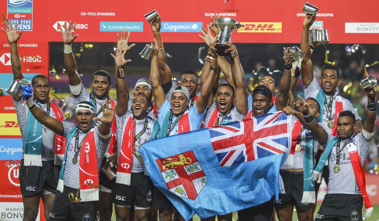 Fiji celebrate their fifth win in a row. Photo: Sam Tsang